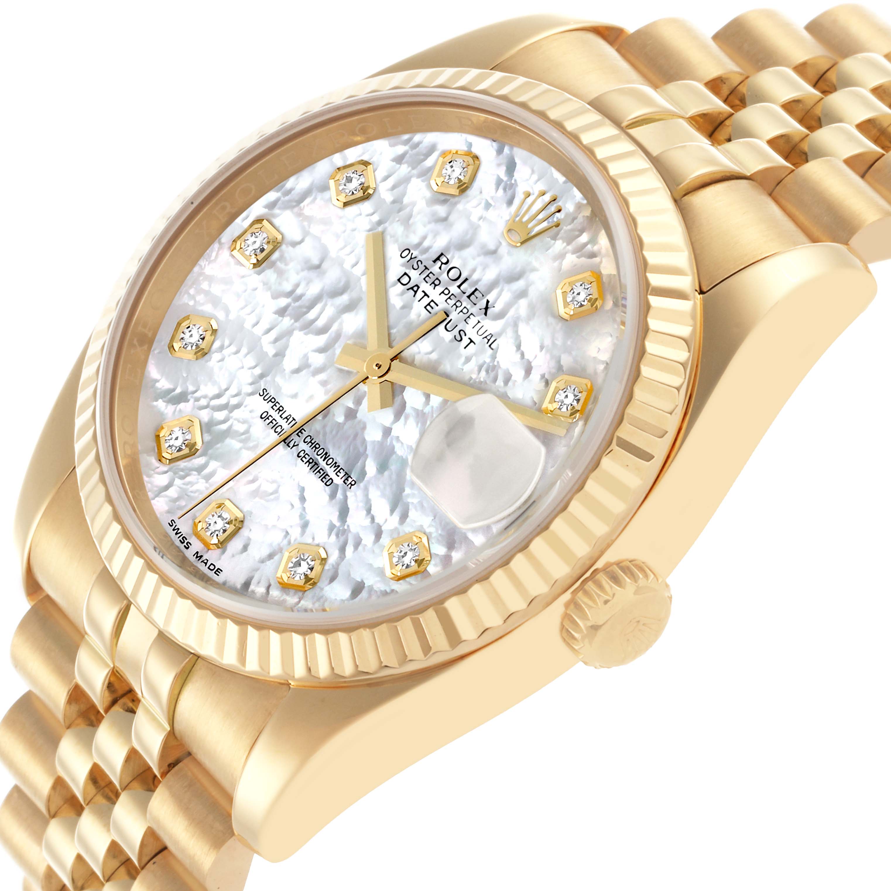The angled view of the Rolex Datejust 116238 Men's Yellow Gold Mother of Pearl Dial 116238 Men's Yellow Gold Mother of Pearl Dial watch shows its dial, fluted bezel, and the bracelet.