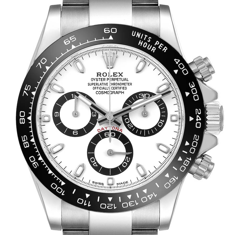 The image shows a front view of the Rolex Daytona, highlighting the dial, bezel, pushers, and part of the bracelet.