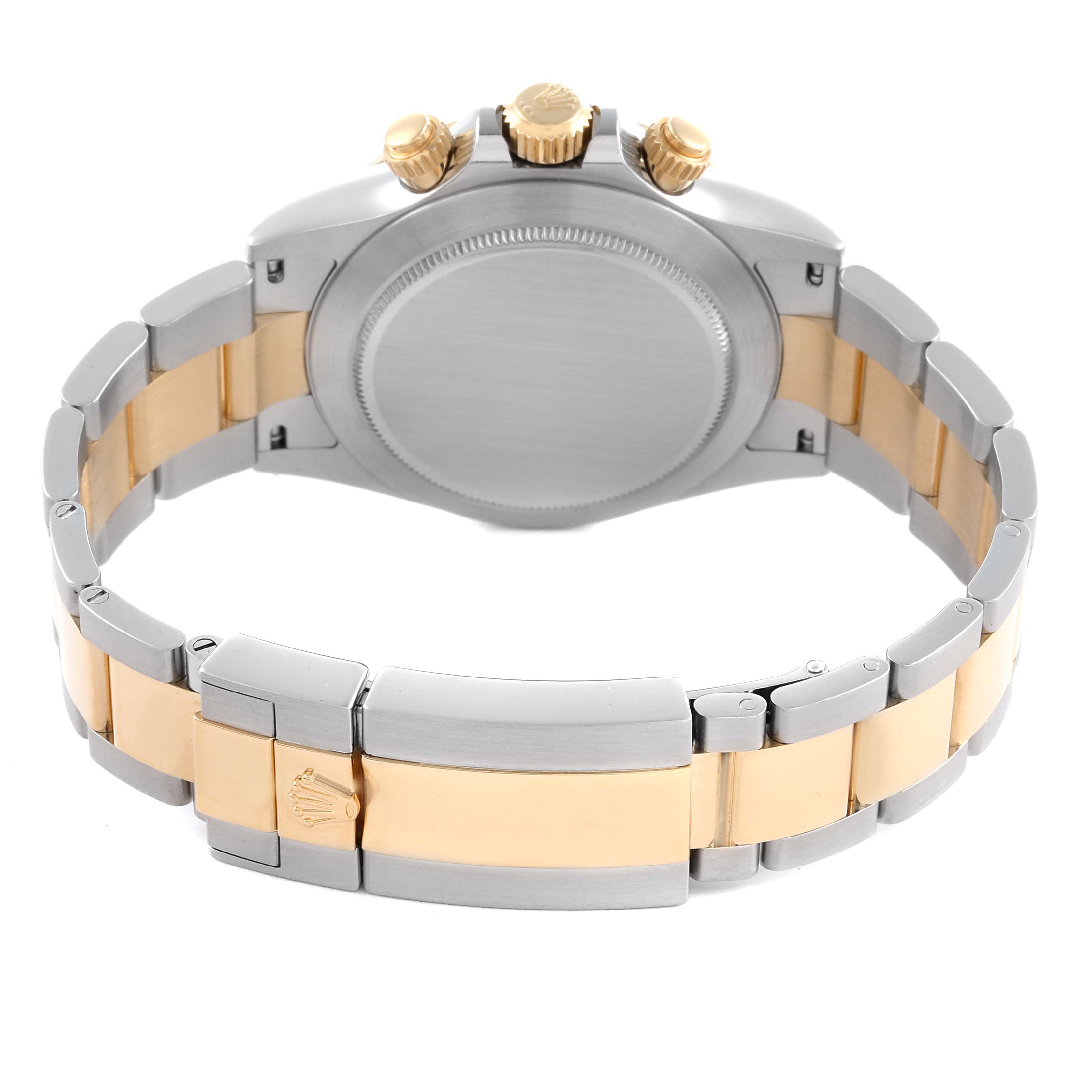 The image shows the backside and clasp of the Rolex Daytona 116503 Men
s Steel and Gold (two tone) Champagne Dial 116503 Men
s Steel and Gold (two tone) Champagne Dial watch, highlighting its two-tone metal design.