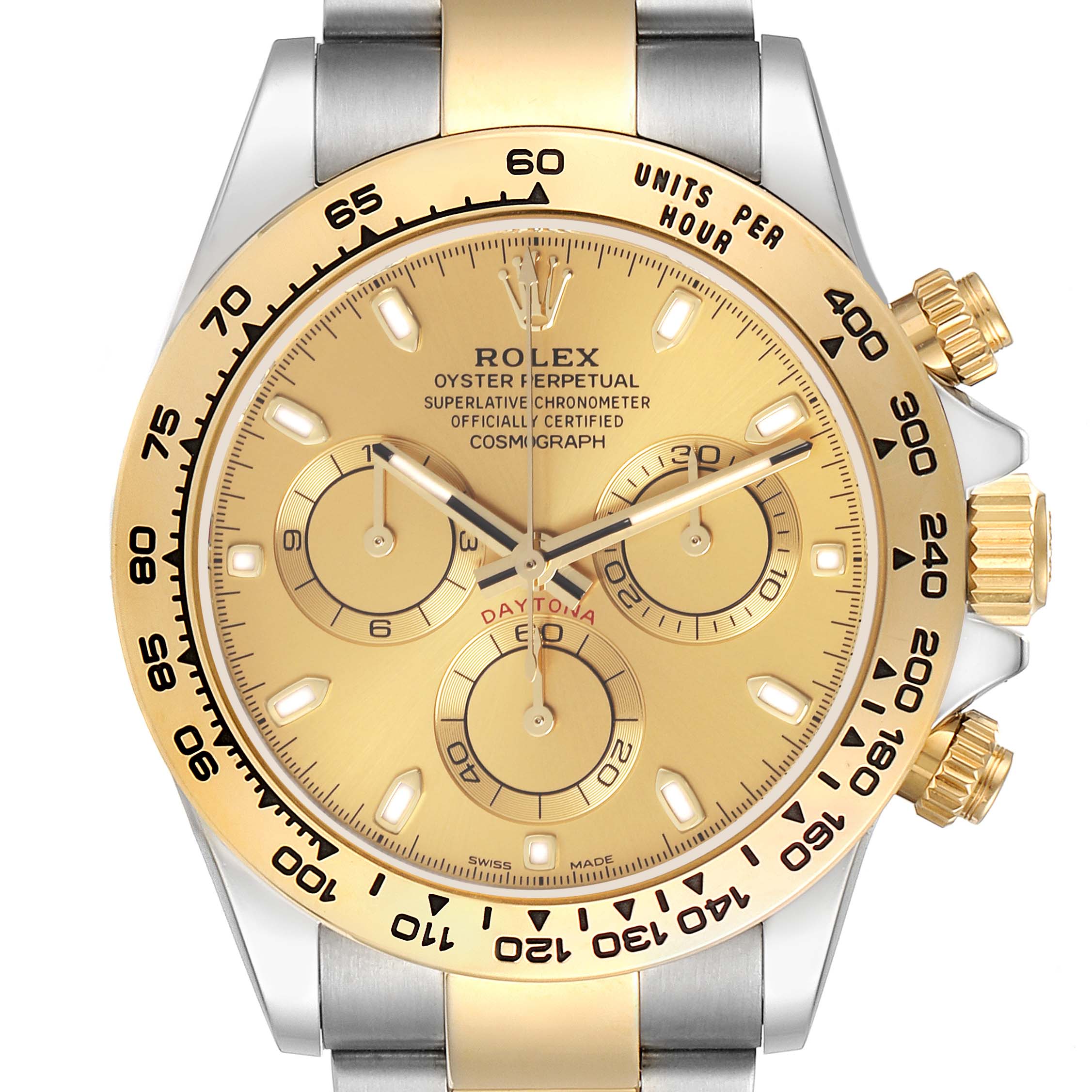 The image shows a Rolex Daytona 116503 Men
s Steel and Gold (two tone) Champagne Dial 116503 Men
s Steel and Gold (two tone) Champagne Dial watch face-up, highlighting the dial, bezel, and side buttons.