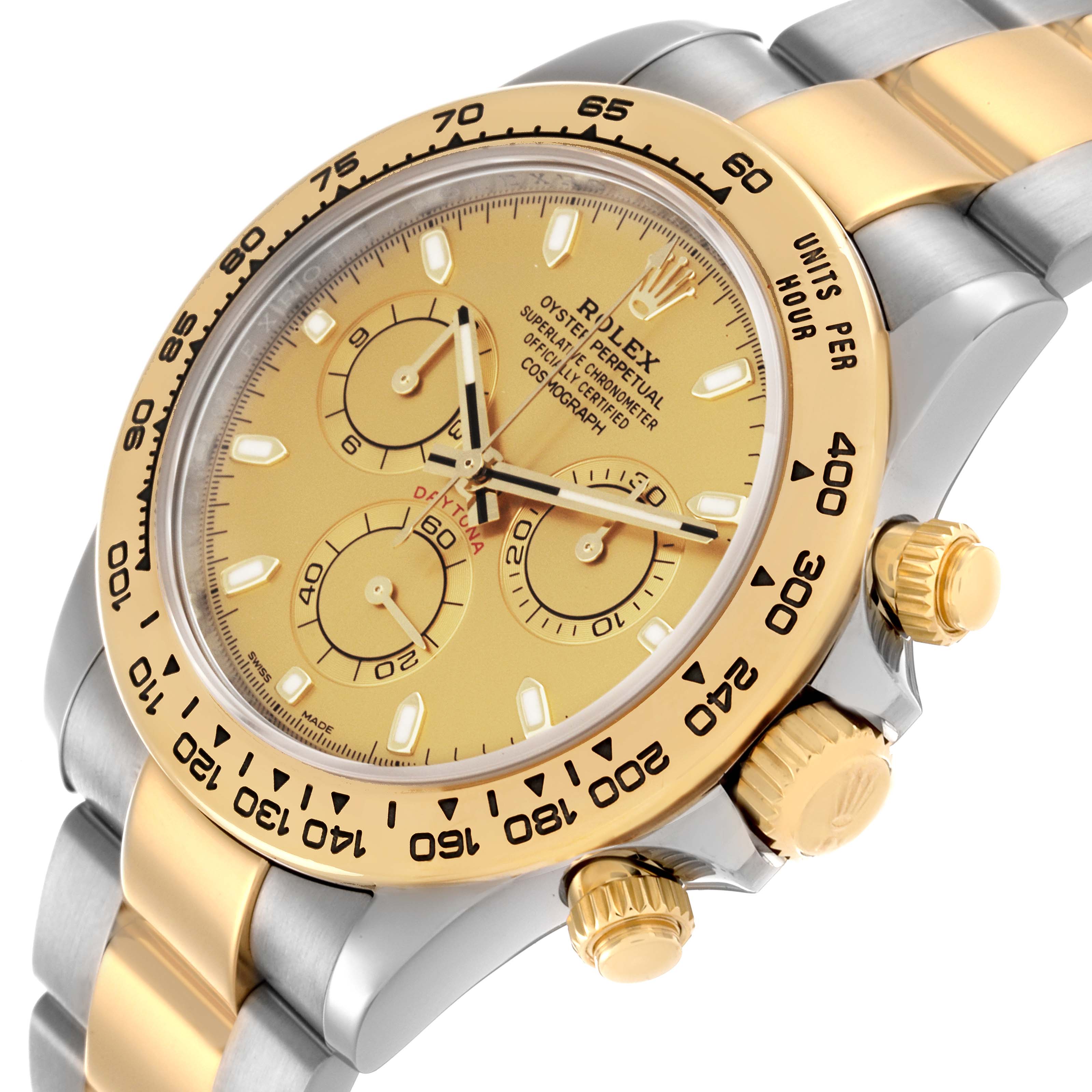The Rolex Daytona 116503 Men
s Steel and Gold (two tone) Champagne Dial 116503 Men
s Steel and Gold (two tone) Champagne Dial watch is shown at an angled close-up, highlighting the dial, bezel, and crown.