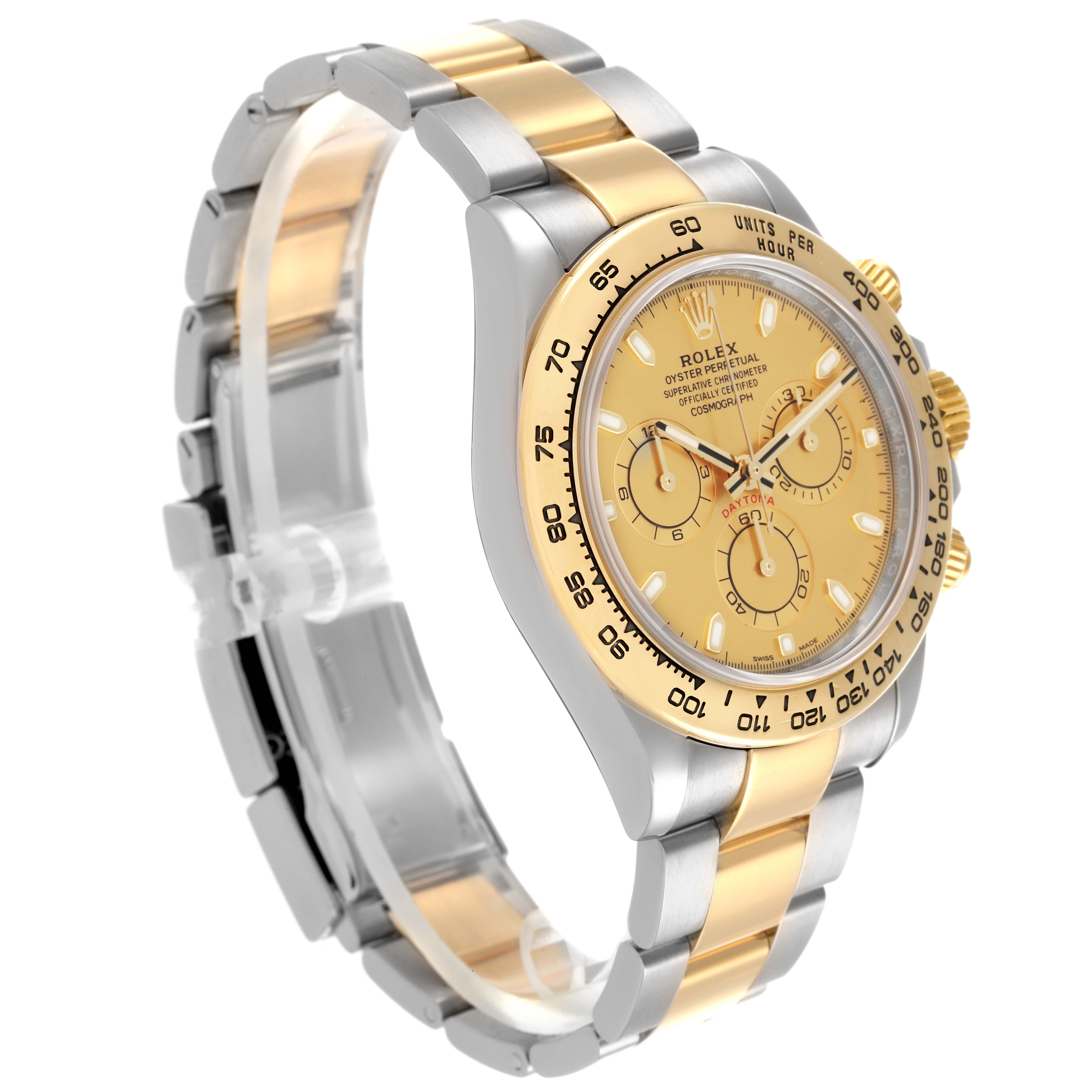The Rolex Daytona 116503 Men
s Steel and Gold (two tone) Champagne Dial 116503 Men
s Steel and Gold (two tone) Champagne Dial watch is shown at a slight angle, highlighting the case, bracelet, and dial.
