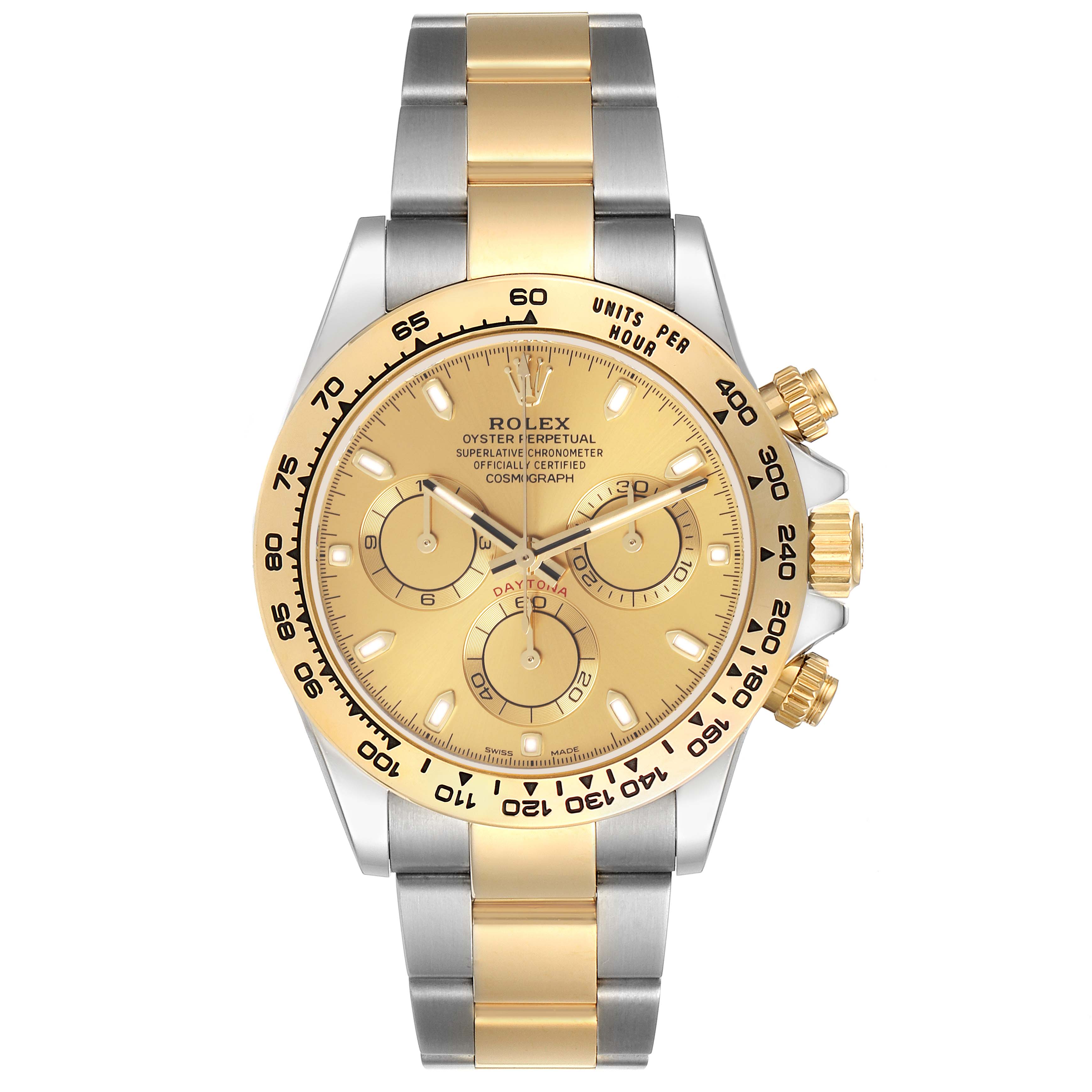 This image shows a front view of the Rolex Daytona 116503 Men
s Steel and Gold (two tone) Champagne Dial 116503 Men
s Steel and Gold (two tone) Champagne Dial watch, featuring a gold dial and two-tone bracelet.