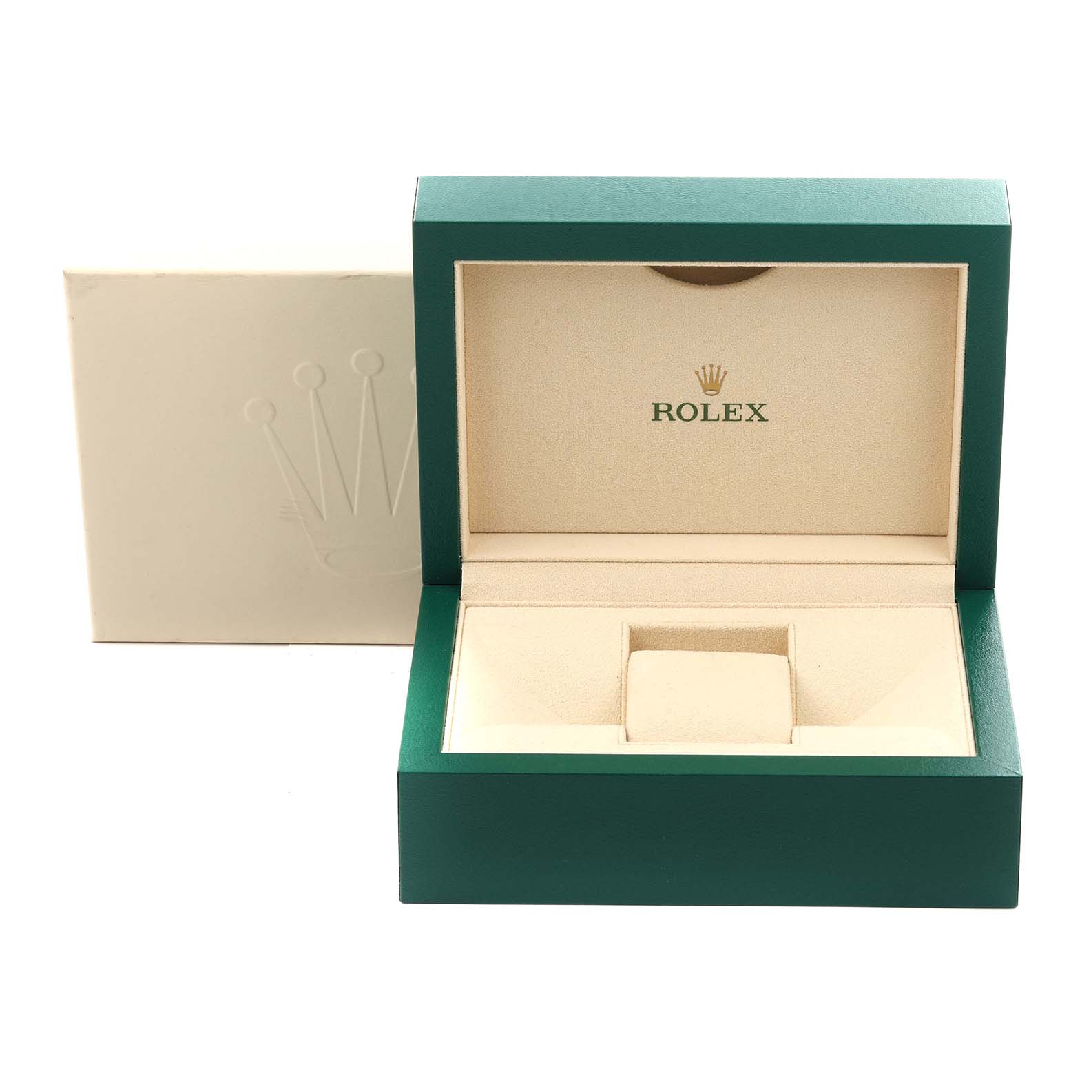 This image shows an open Rolex Daytona 116503 Men
s Steel and Gold (two tone) Champagne Dial 116503 Men
s Steel and Gold (two tone) Champagne Dial watch box, featuring the brand
s logo inside the lid.