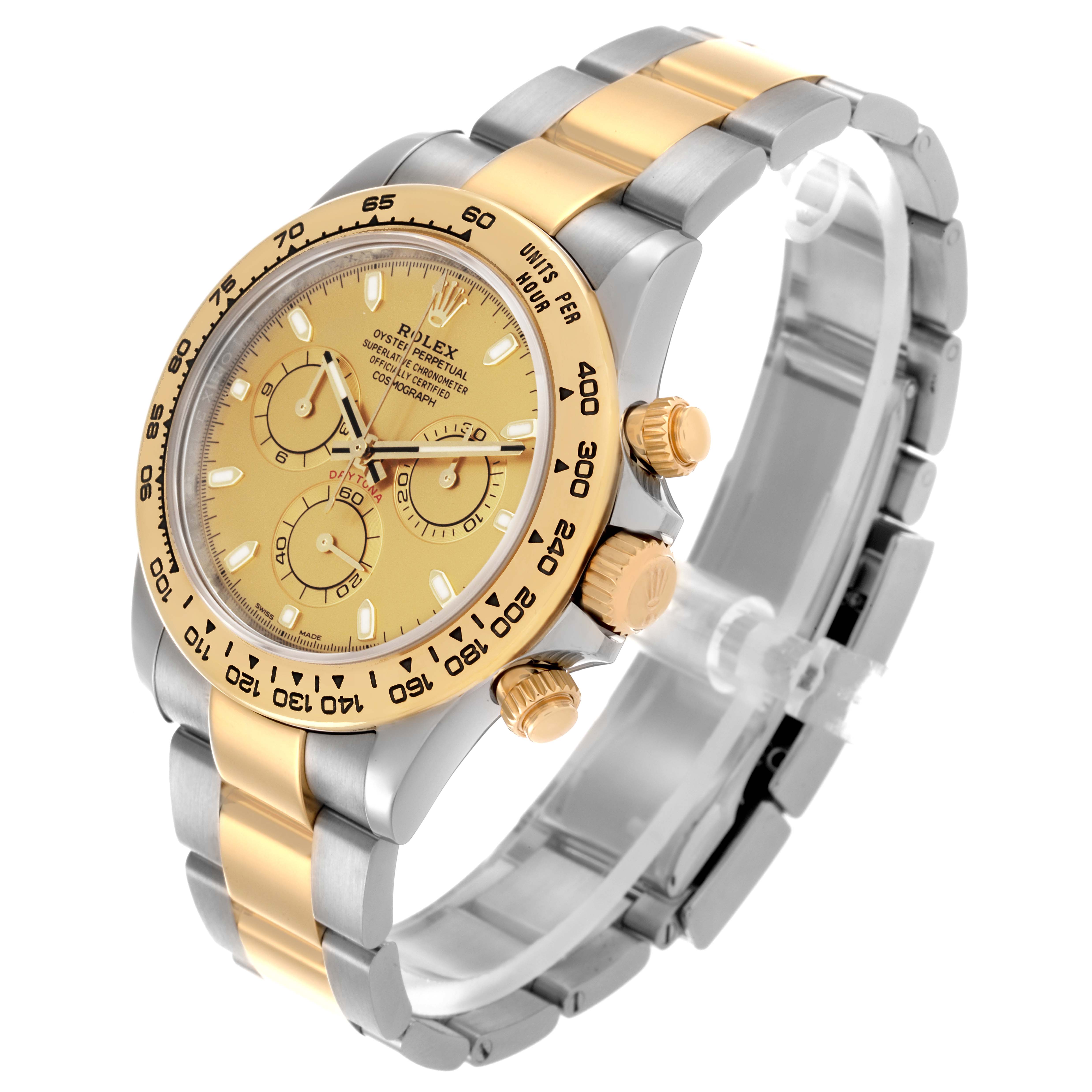 The Rolex Daytona 116503 Men
s Steel and Gold (two tone) Champagne Dial 116503 Men
s Steel and Gold (two tone) Champagne Dial is shown at a three-quarter angle highlighting the face, bezel, crown, and bracelet.