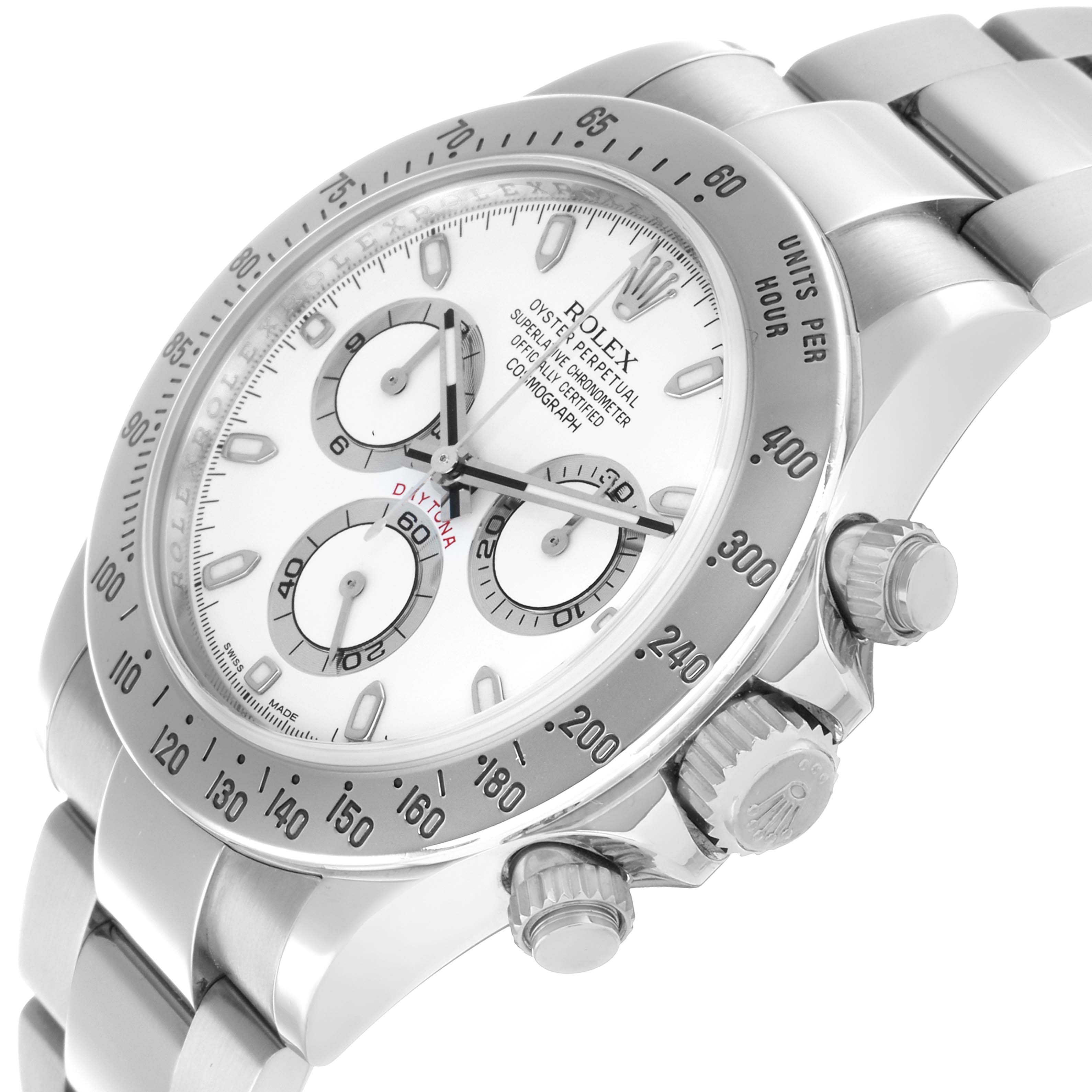 The Rolex Daytona 116520 Men
s Stainless Steel White Dial watch is shown at an angled view displaying the face, bezel, chronograph dials, crown, and pushers.