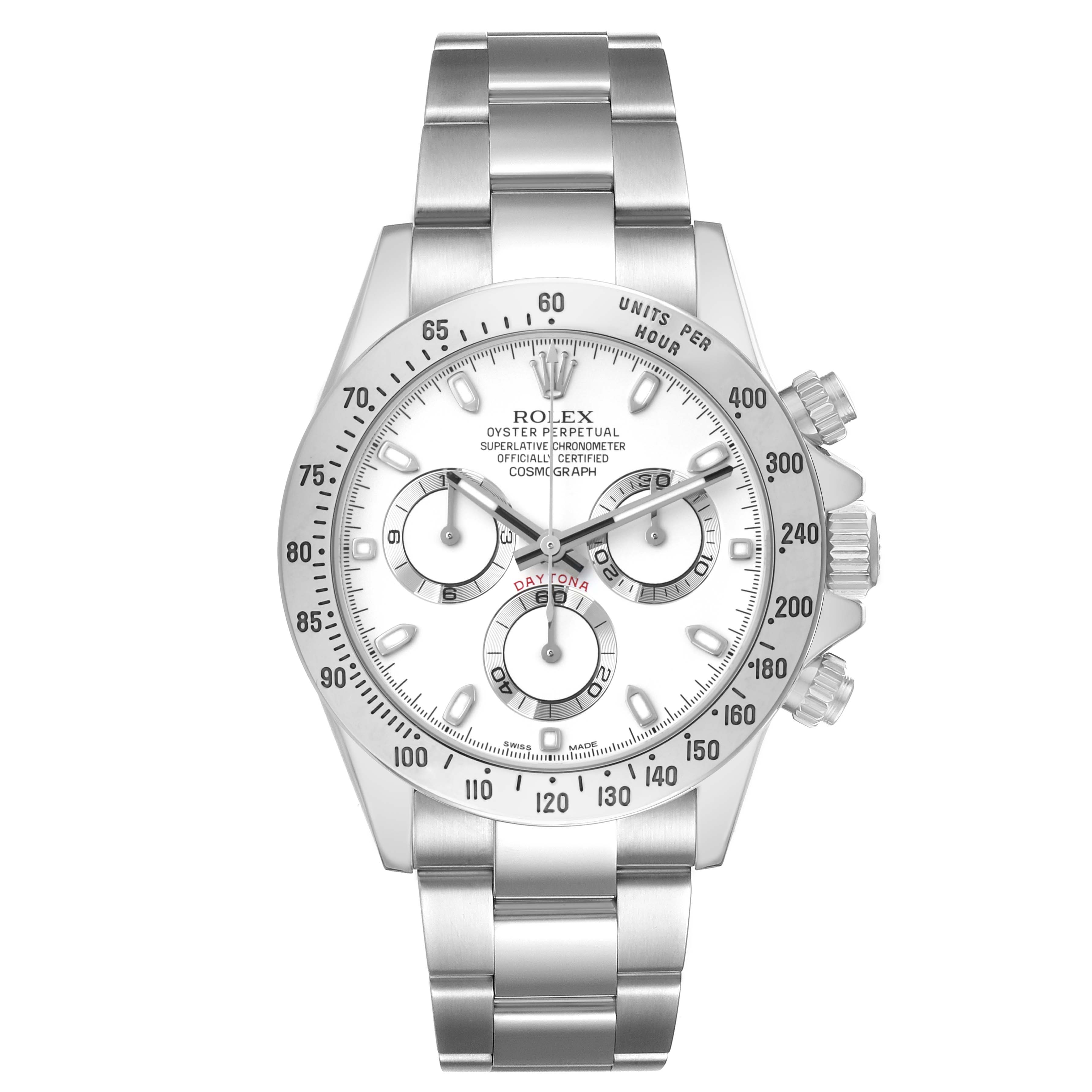 The image shows a front view of the Rolex Daytona 116520 Men
s Stainless Steel White Dial watch, highlighting the dial, bezel, bracelet, and chronograph subdials.