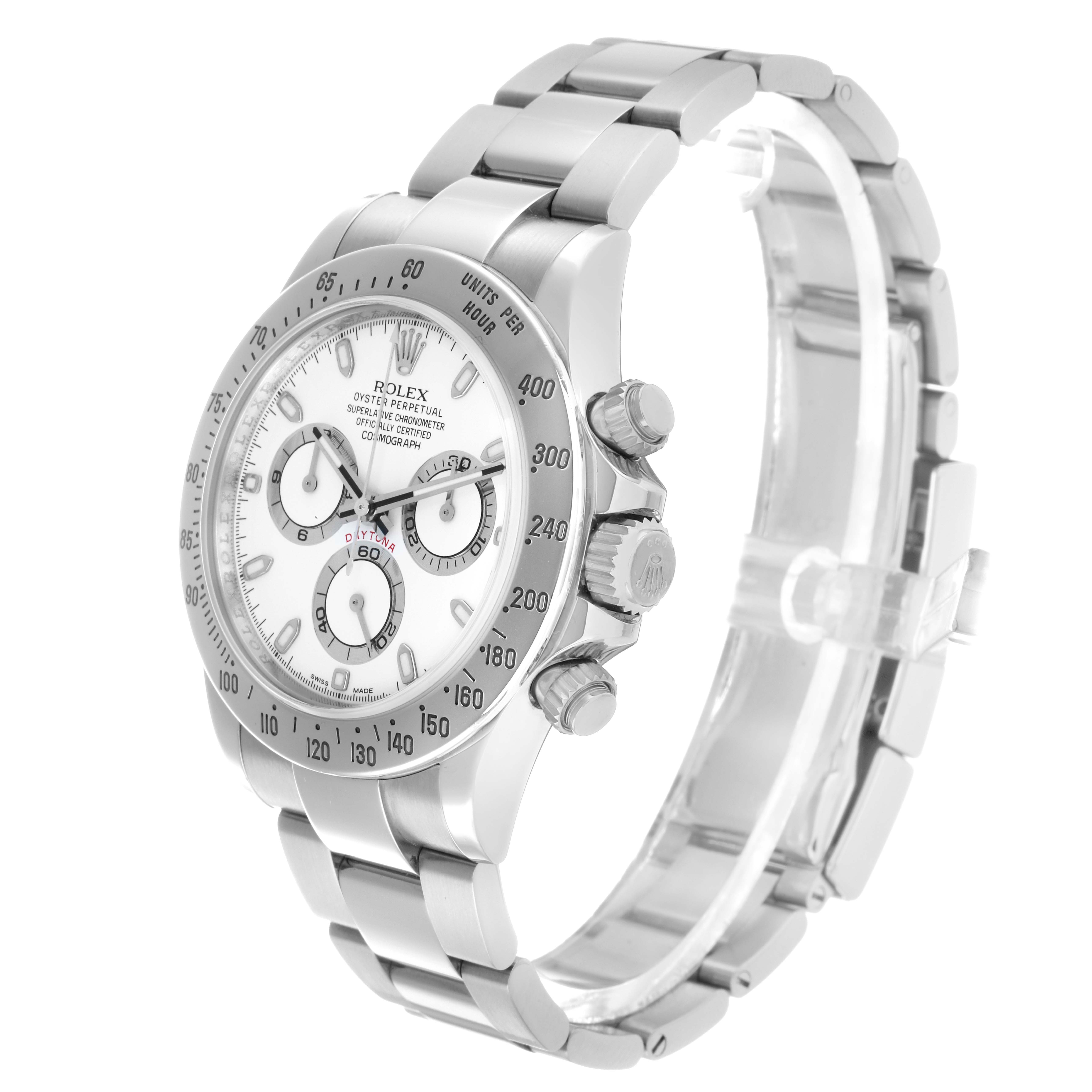 The Rolex Daytona 116520 Men
s Stainless Steel White Dial watch is shown from a three-quarter angle, displaying the bezel, dial, pushers, and bracelet.