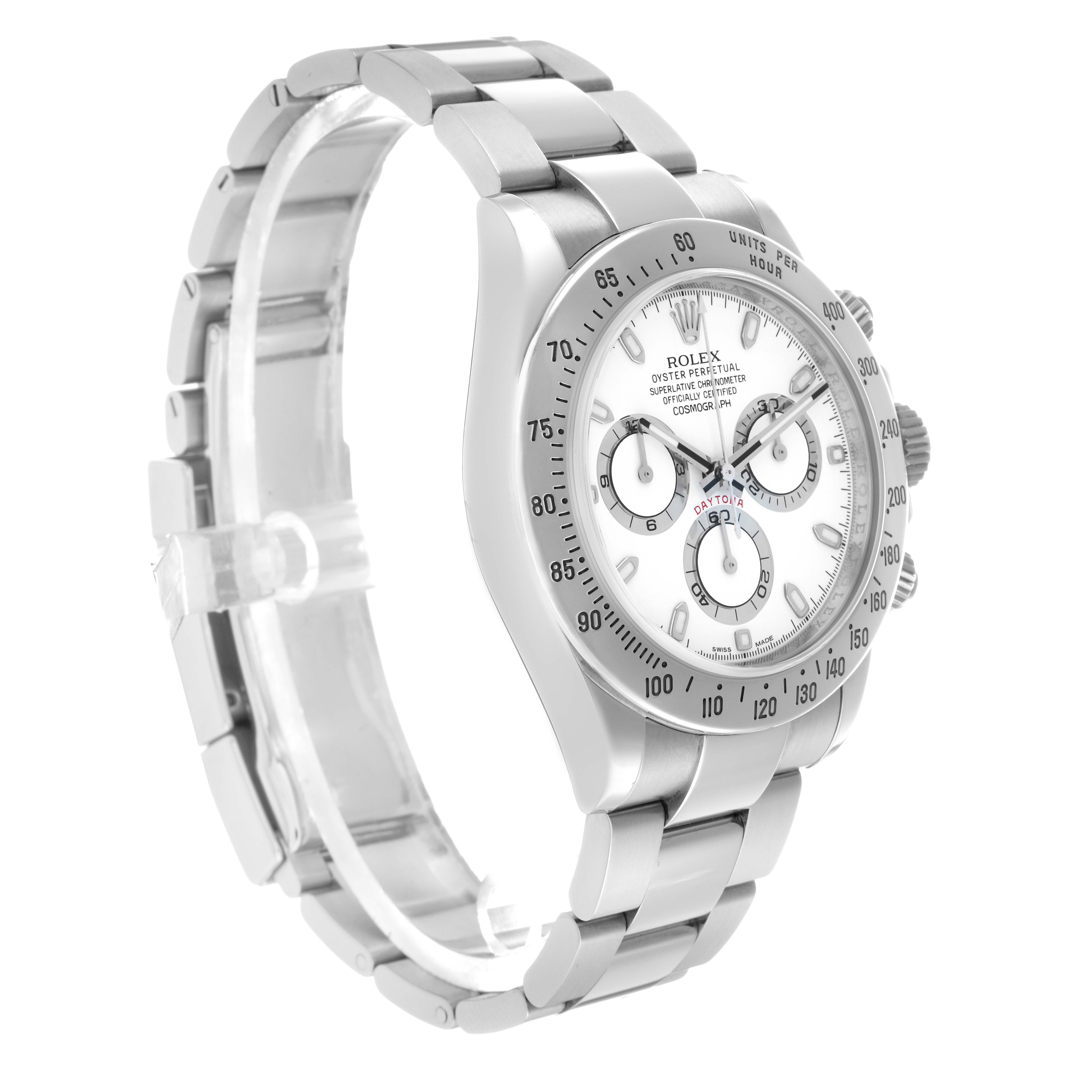 The Rolex Daytona 116520 Men
s Stainless Steel White Dial watch is shown at a three-quarter angle, highlighting the dial, bezel, and bracelet.