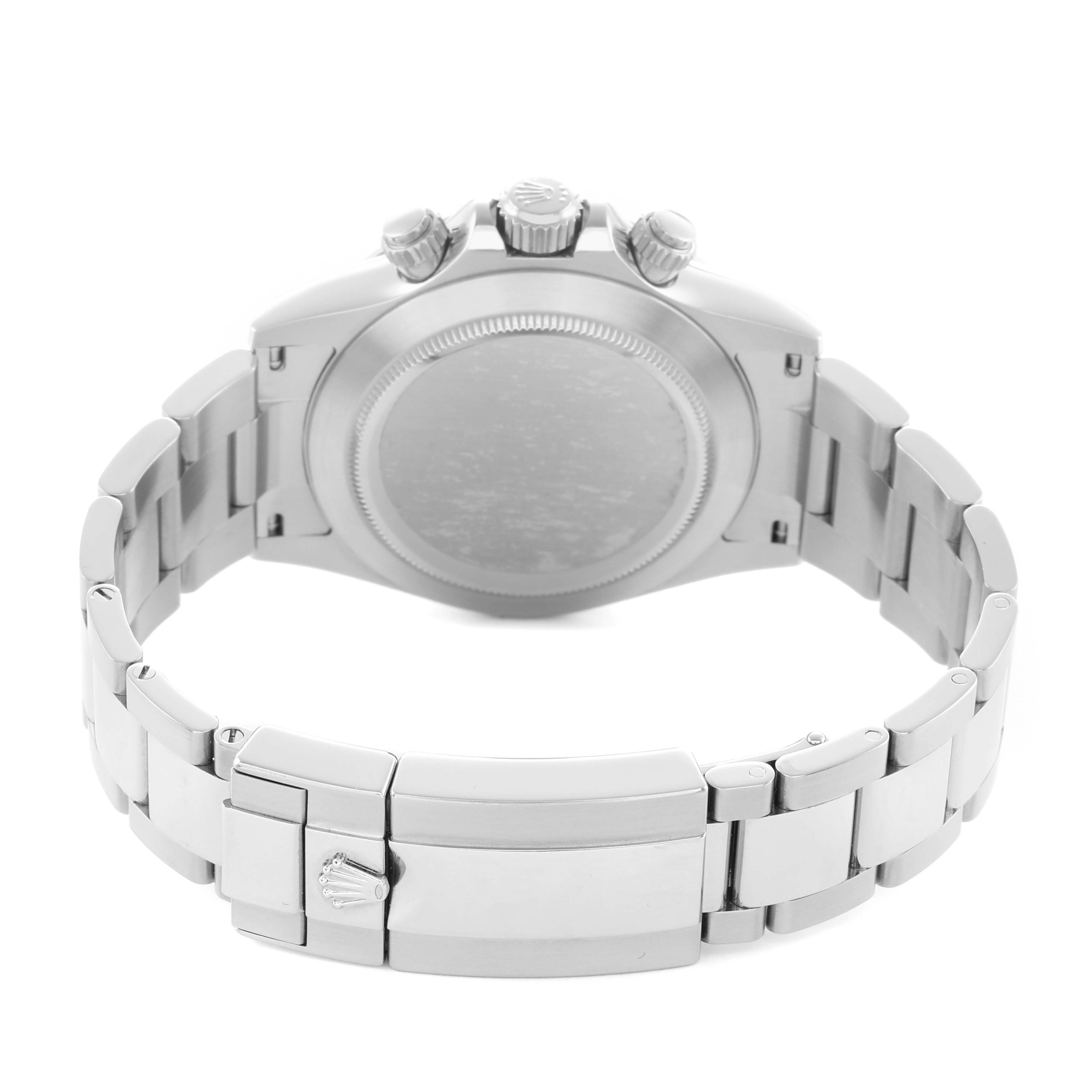 The image shows the back of a Rolex Daytona 116520 Men
s Stainless Steel White Dial watch, featuring the bracelet, clasp, and case back.