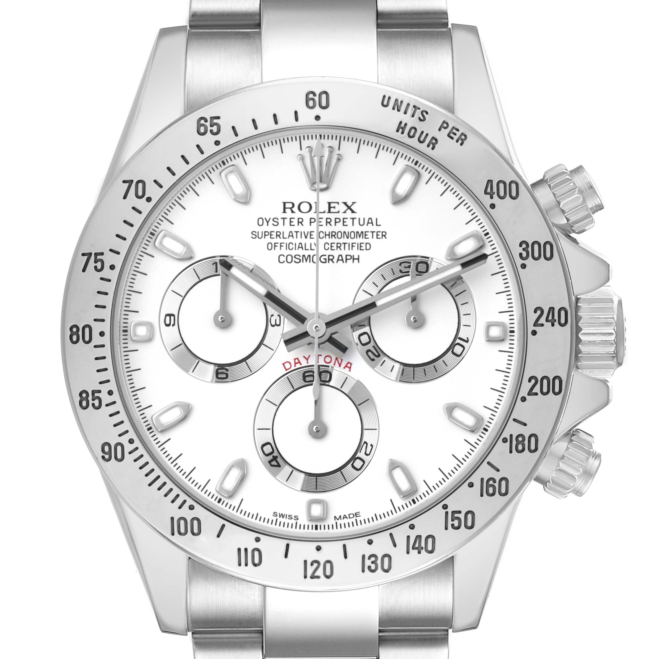 The Rolex Daytona 116520 Men
s Stainless Steel White Dial watch is shown from a front angle, highlighting the dial, subdials, and bezel.