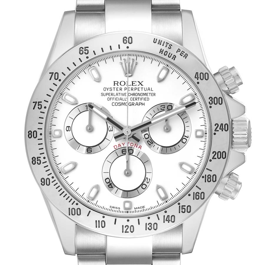 The Rolex Daytona 116520 Men's Stainless Steel White Dial watch is shown from a front angle, highlighting the dial, subdials, and bezel.