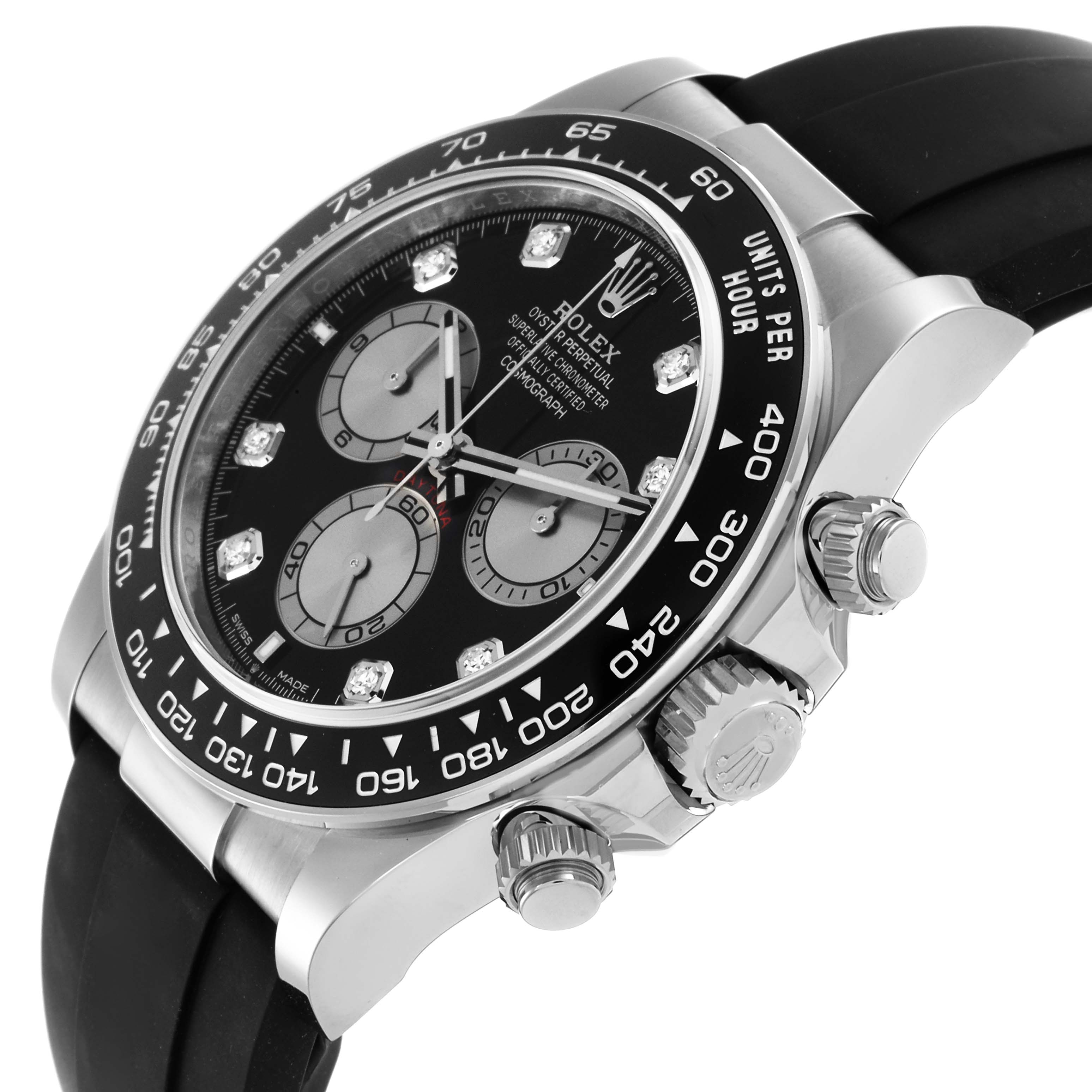The Rolex Daytona 126519 Men's White Gold Black Dial 126519 Men's White Gold Black Dial watch is shown at a slight angle, highlighting the bezel, dial, subdials, and side pushers.