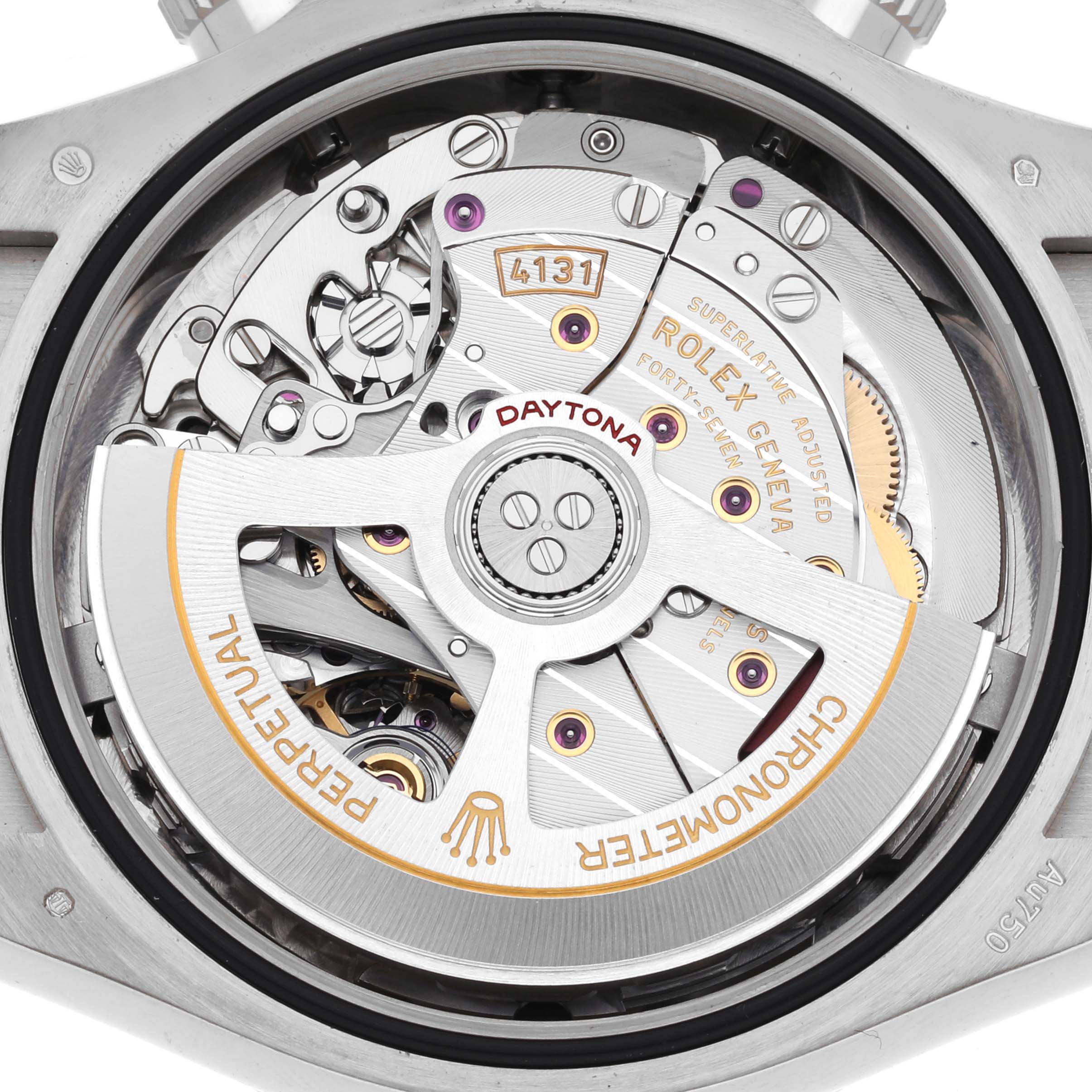 The image shows the back of the Rolex Daytona 126519 Men's White Gold Black Dial 126519 Men's White Gold Black Dial, focusing on the movement and intricate mechanisms.
