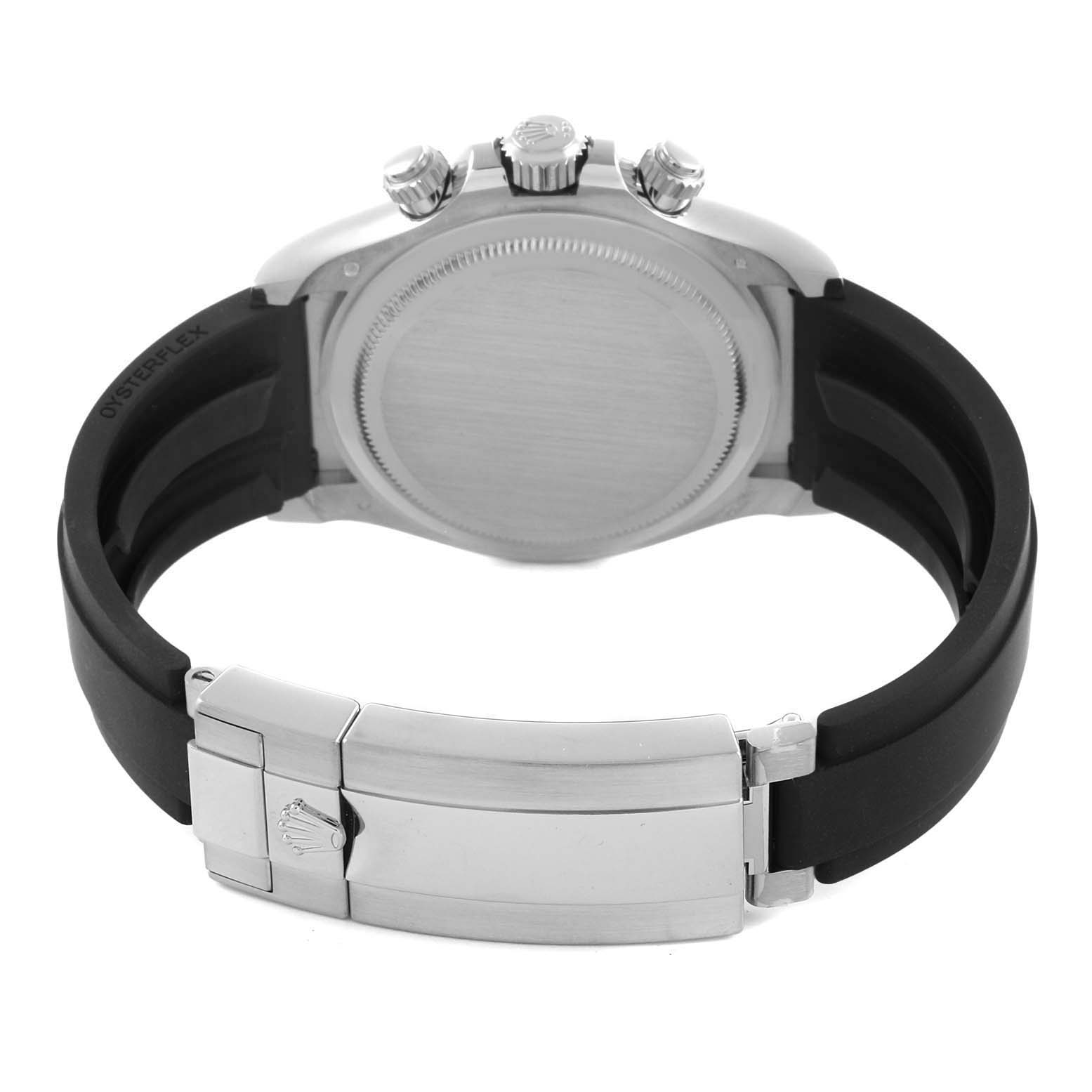 The Rolex Daytona 126519 Men's White Gold Black Dial 126519 Men's White Gold Black Dial watch is shown from the back, featuring its clasp, rubber strap, and case back.
