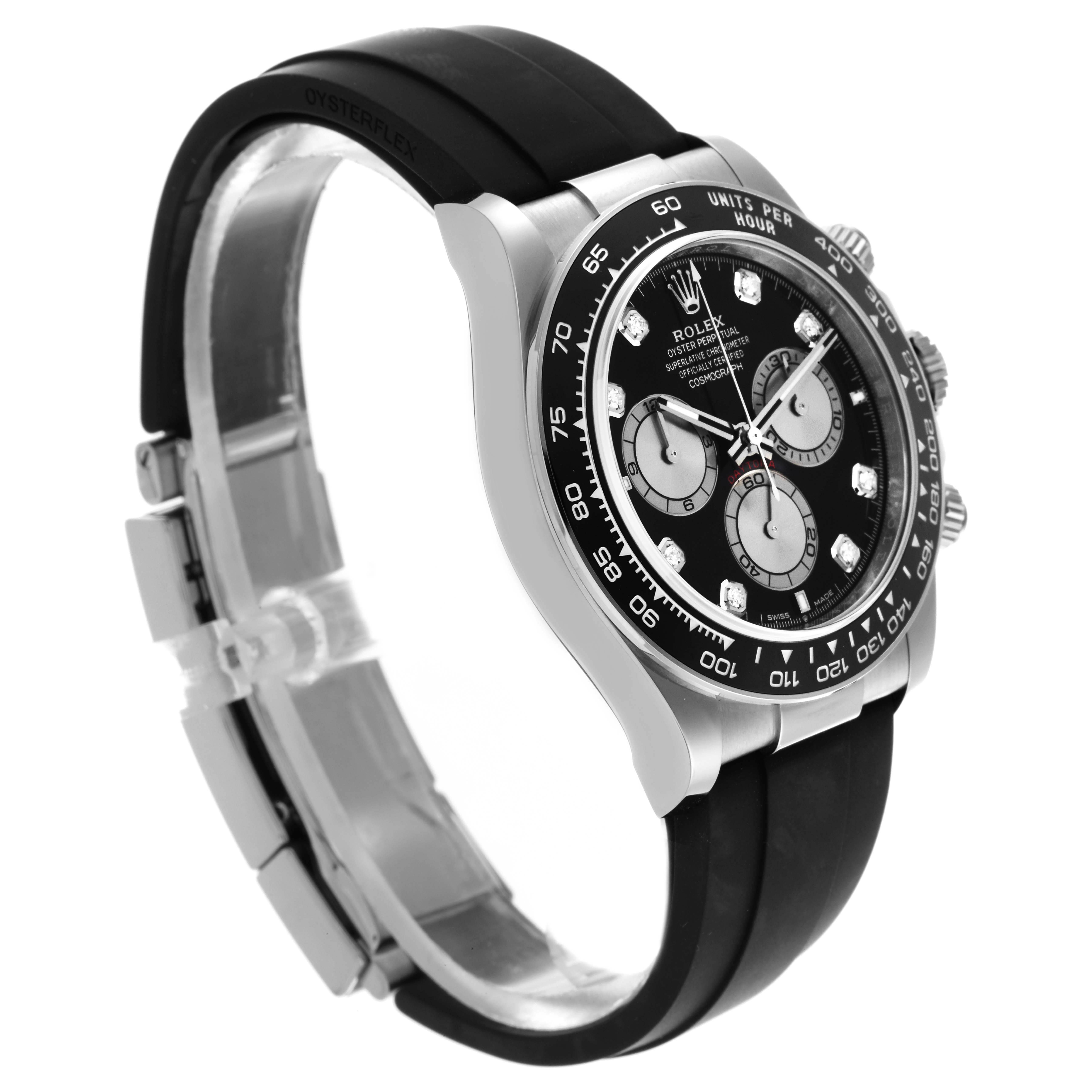 The Rolex Daytona 126519 Men's White Gold Black Dial 126519 Men's White Gold Black Dial watch is shown at a three-quarter angle, highlighting the face, bezel, and Oysterflex bracelet.