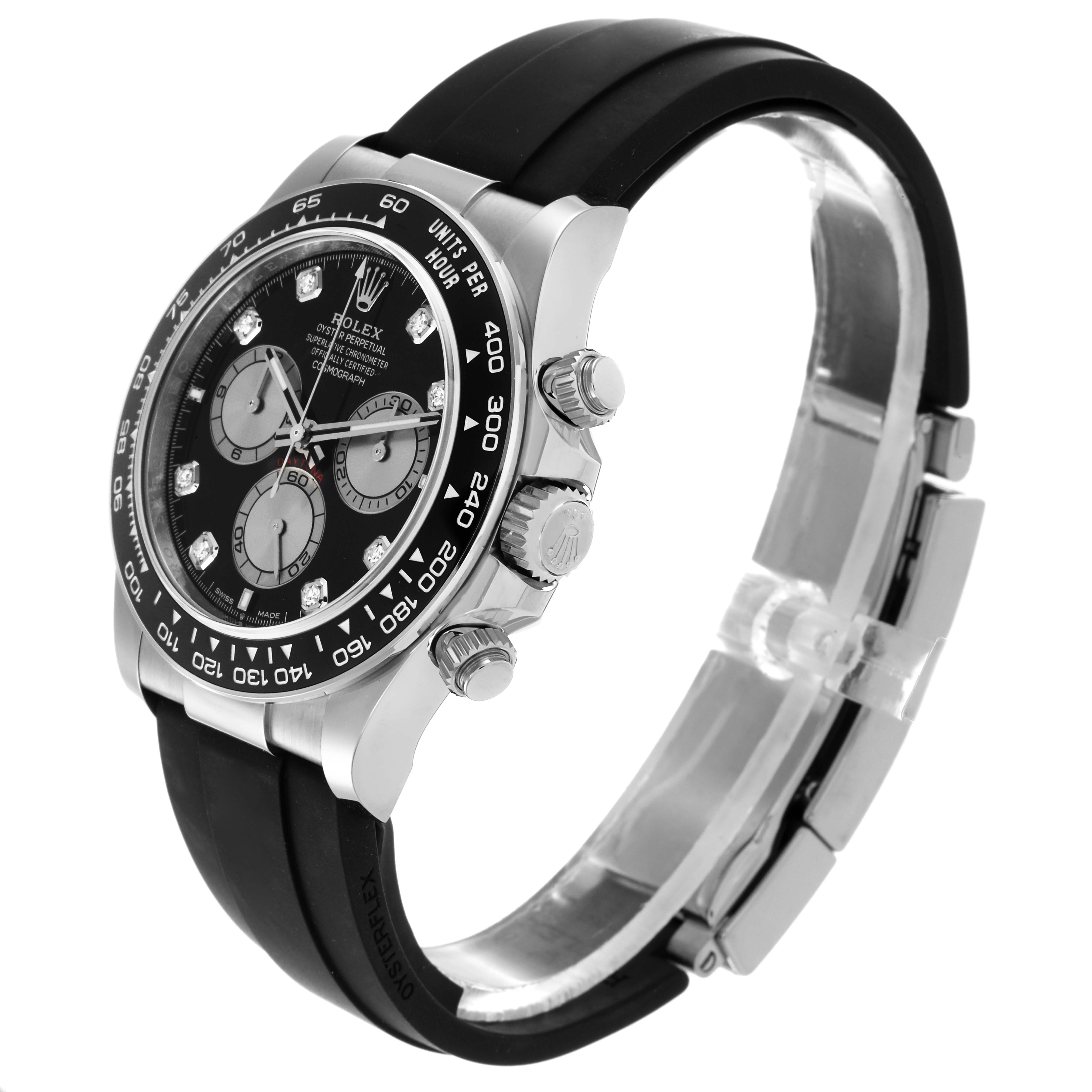 The Rolex Daytona 126519 Men's White Gold Black Dial 126519 Men's White Gold Black Dial watch is shown at a three-quarter angle, highlighting the face, bezel, crown, and part of the strap.