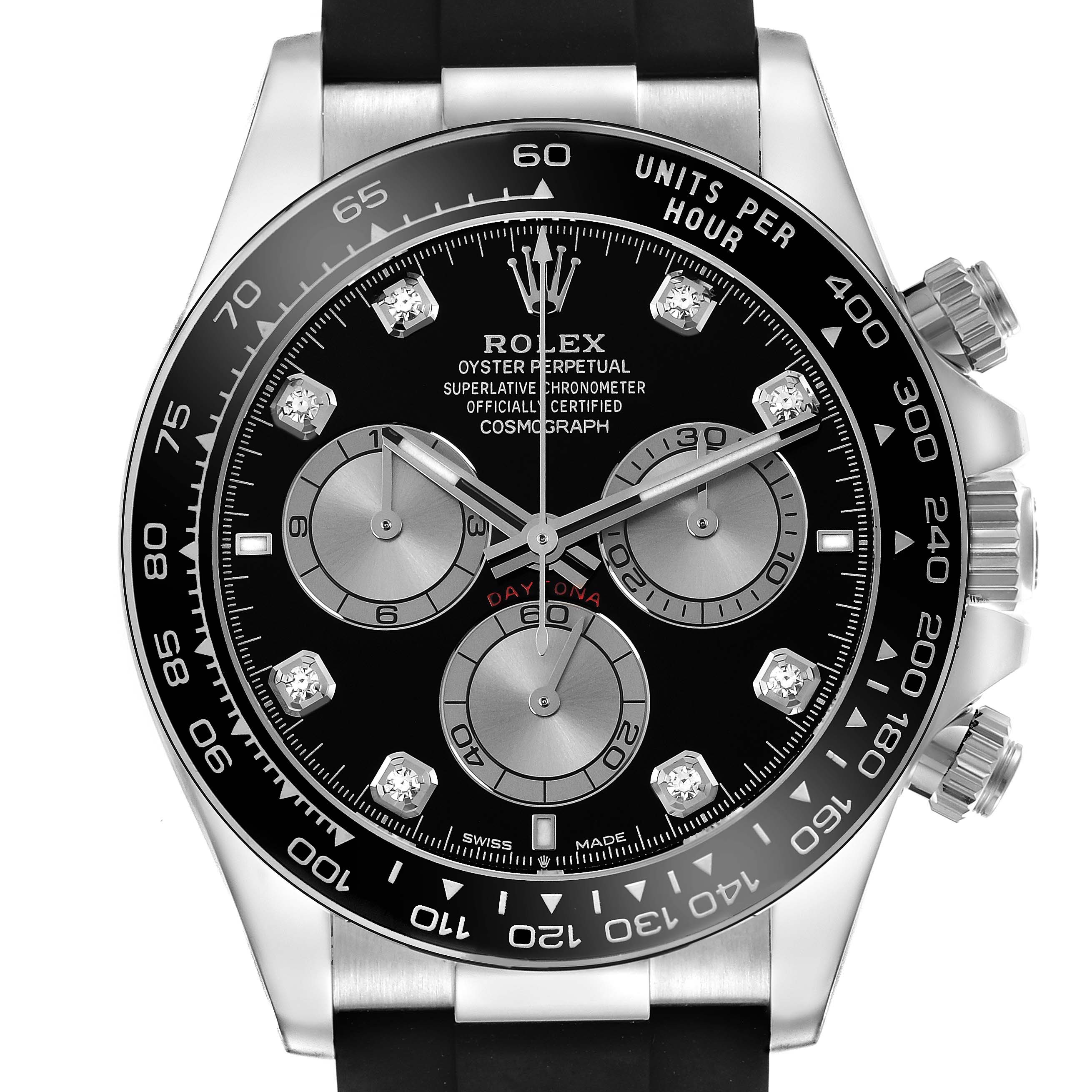 The Rolex Daytona 126519 Men's White Gold Black Dial 126519 Men's White Gold Black Dial watch is shown from a front angle, displaying its face, bezel, and part of its strap.