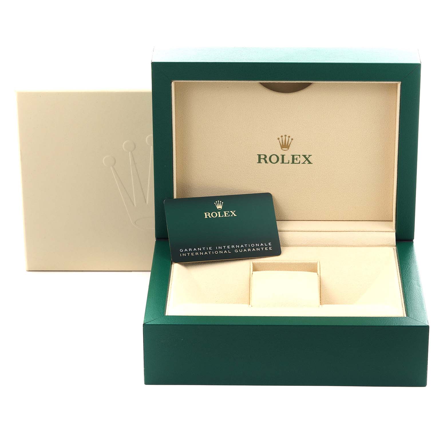 The image shows a Rolex Daytona 126519 Men's White Gold Black Dial 126519 Men's White Gold Black Dial watch box and international guarantee card from a front angle.