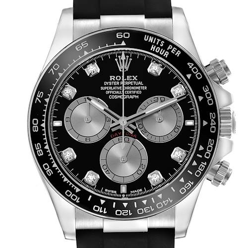 The Rolex Daytona watch is shown from a front angle, highlighting the dial, subdials, bezel, and part of the strap.