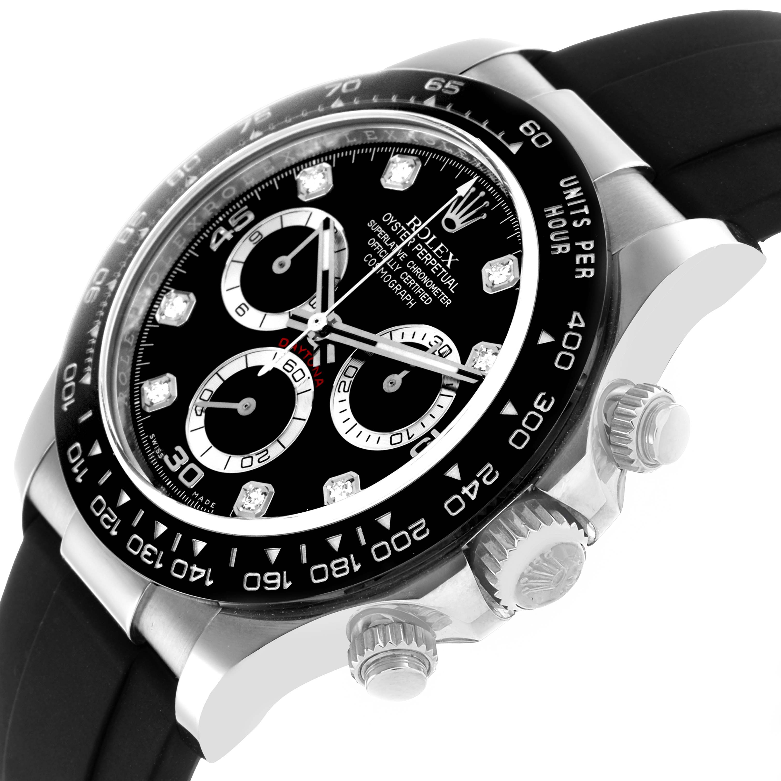 The Rolex Daytona 116519 Men
s White Gold Black Dial watch is shown from a slightly angled side view, highlighting the bezel, crown, and pushers.
