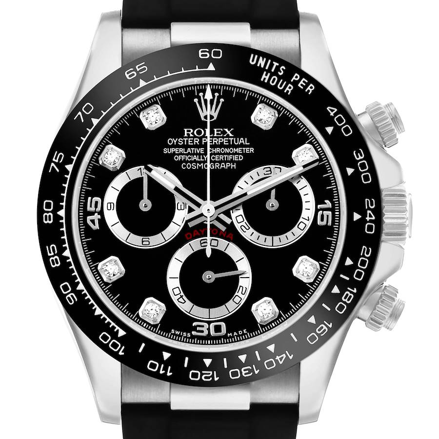 The Rolex Daytona 116519 Men's White Gold Black Dial watch is shown from the front, highlighting the black dial, chronograph subdials, and bezel with tachymetric scale.