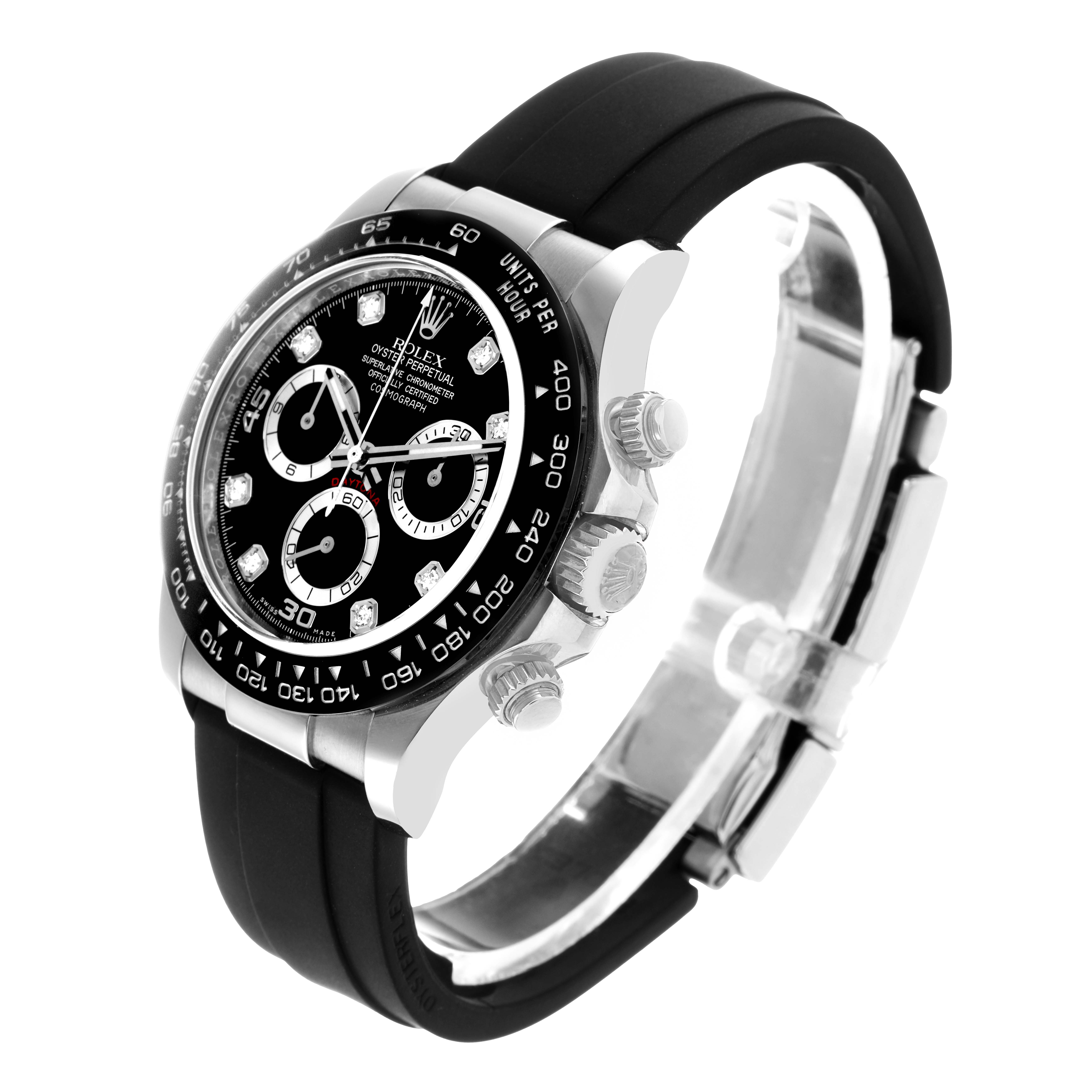 The image shows a Rolex Daytona 116519 Men
s White Gold Black Dial watch at a three-quarter angle, highlighting the face, bezel, and band.