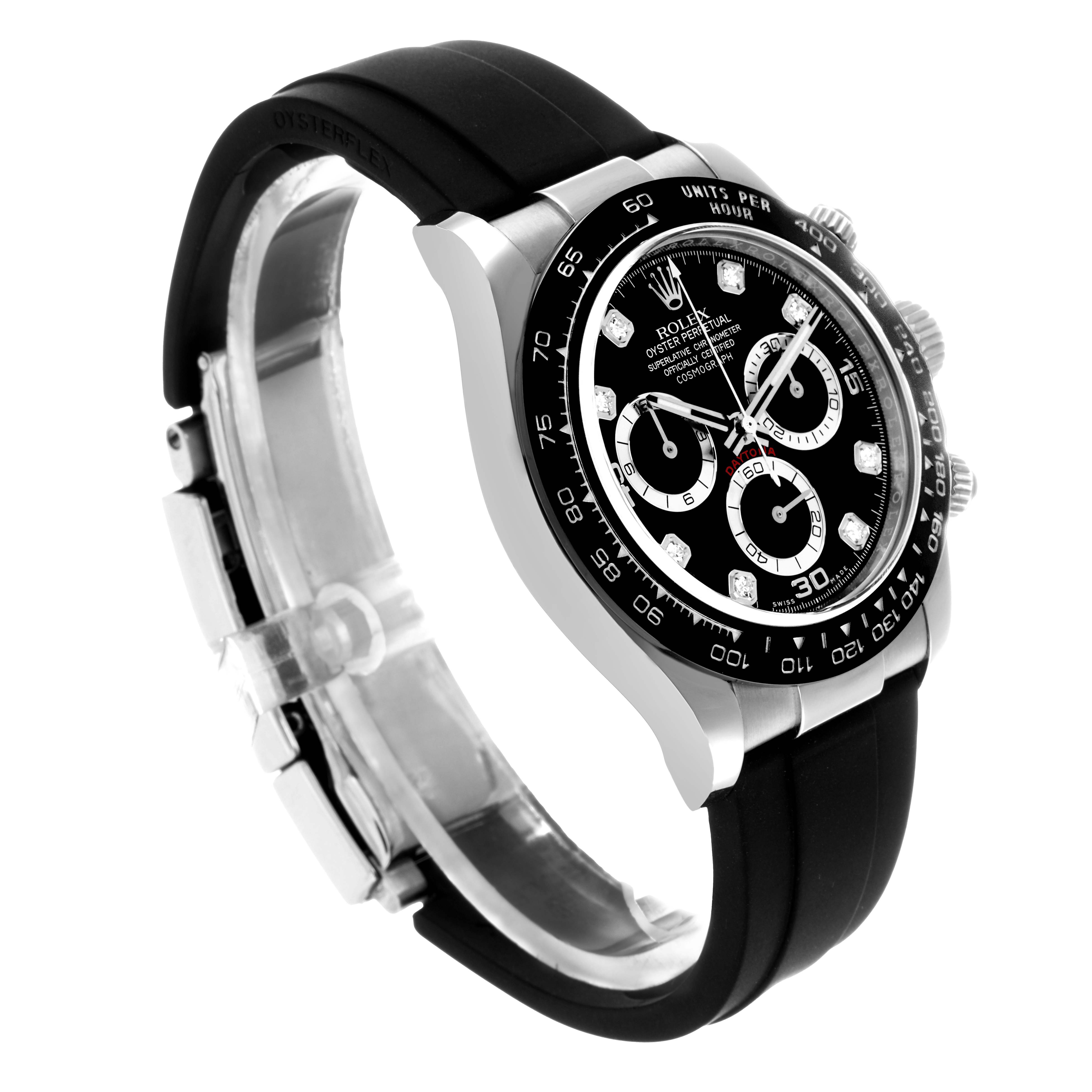 The Rolex Daytona 116519 Men
s White Gold Black Dial watch is shown at a three-quarter angle, highlighting the bezel, dial, case, and rubber strap.