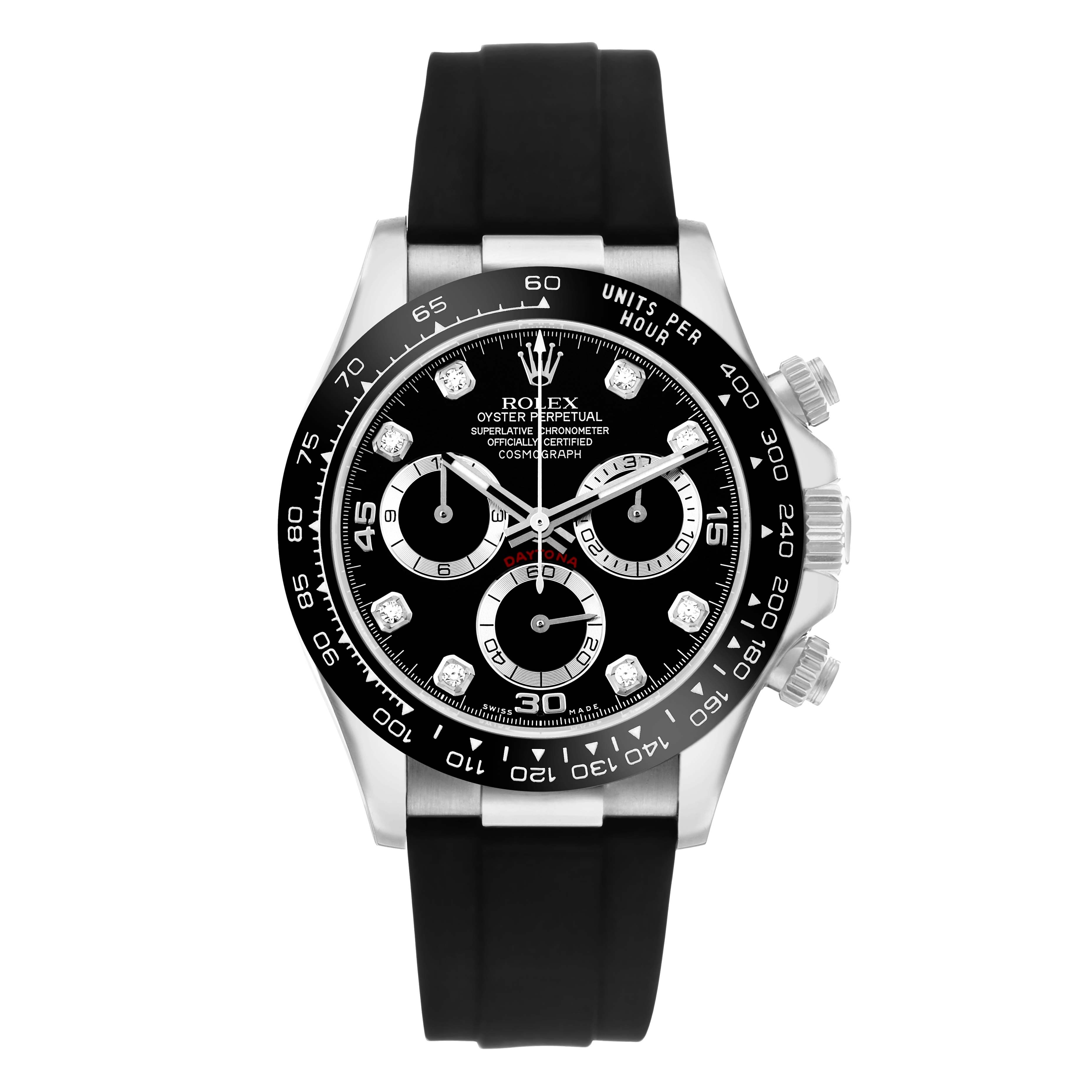 The Rolex Daytona 116519 Men
s White Gold Black Dial is shown from the front, displaying its dial, bezel, crown, and pushers.