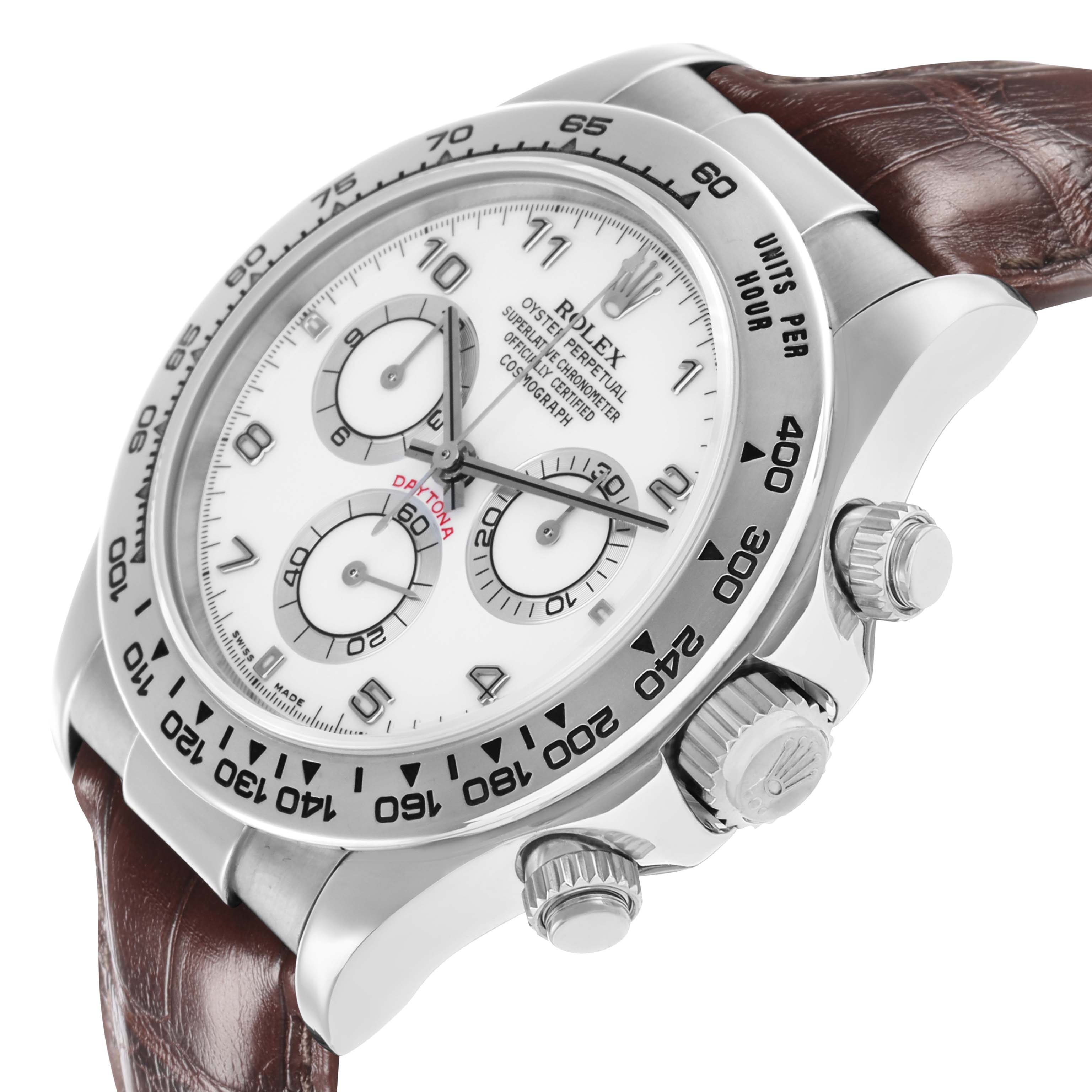 The Rolex Daytona 116519 Men
s White Gold White Dial watch is shown from a side angle, displaying the bezel, dial, crown, pushers, and leather strap.