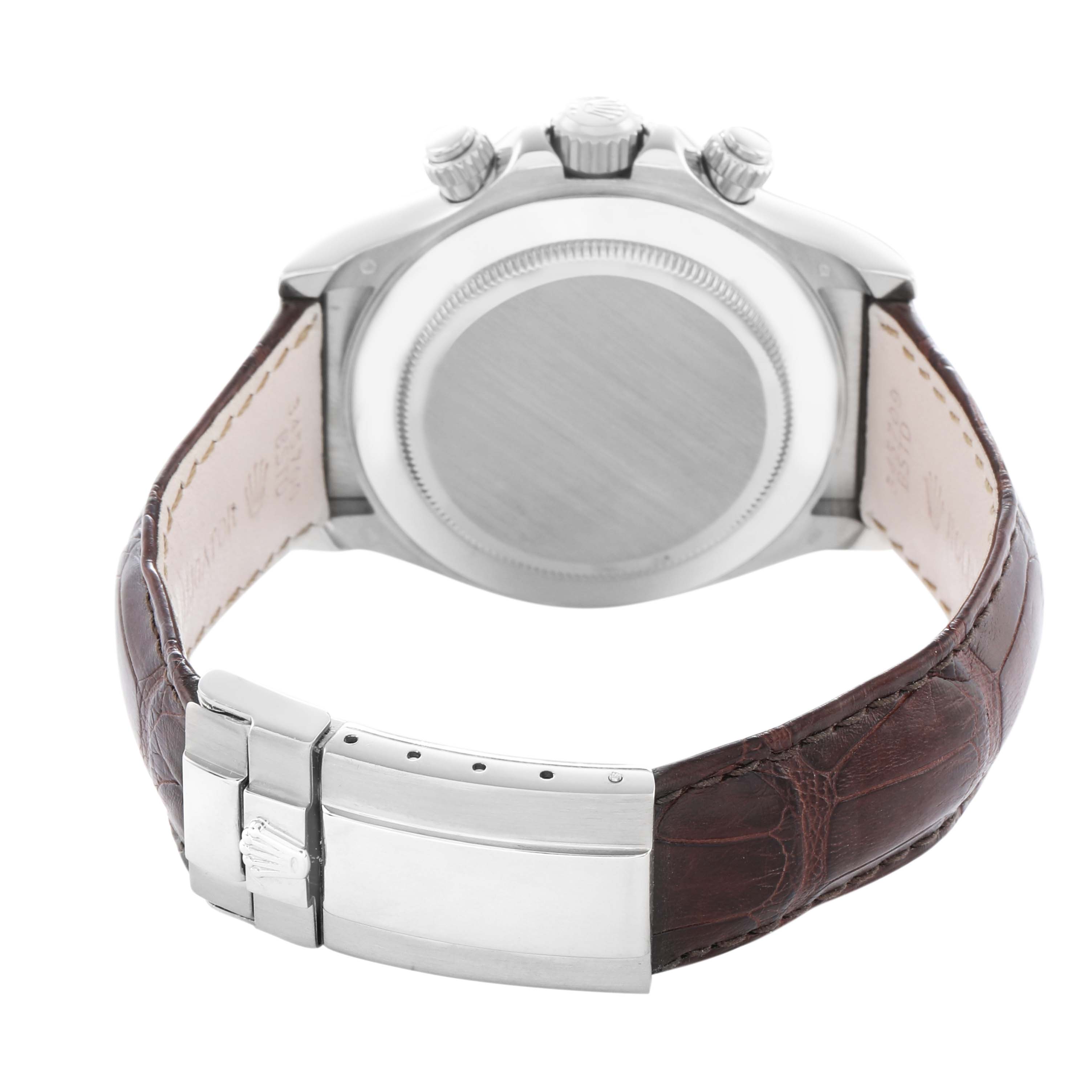 The image shows the back view of a Rolex Daytona 116519 Men
s White Gold White Dial, highlighting the case back, brown leather strap, and clasp.