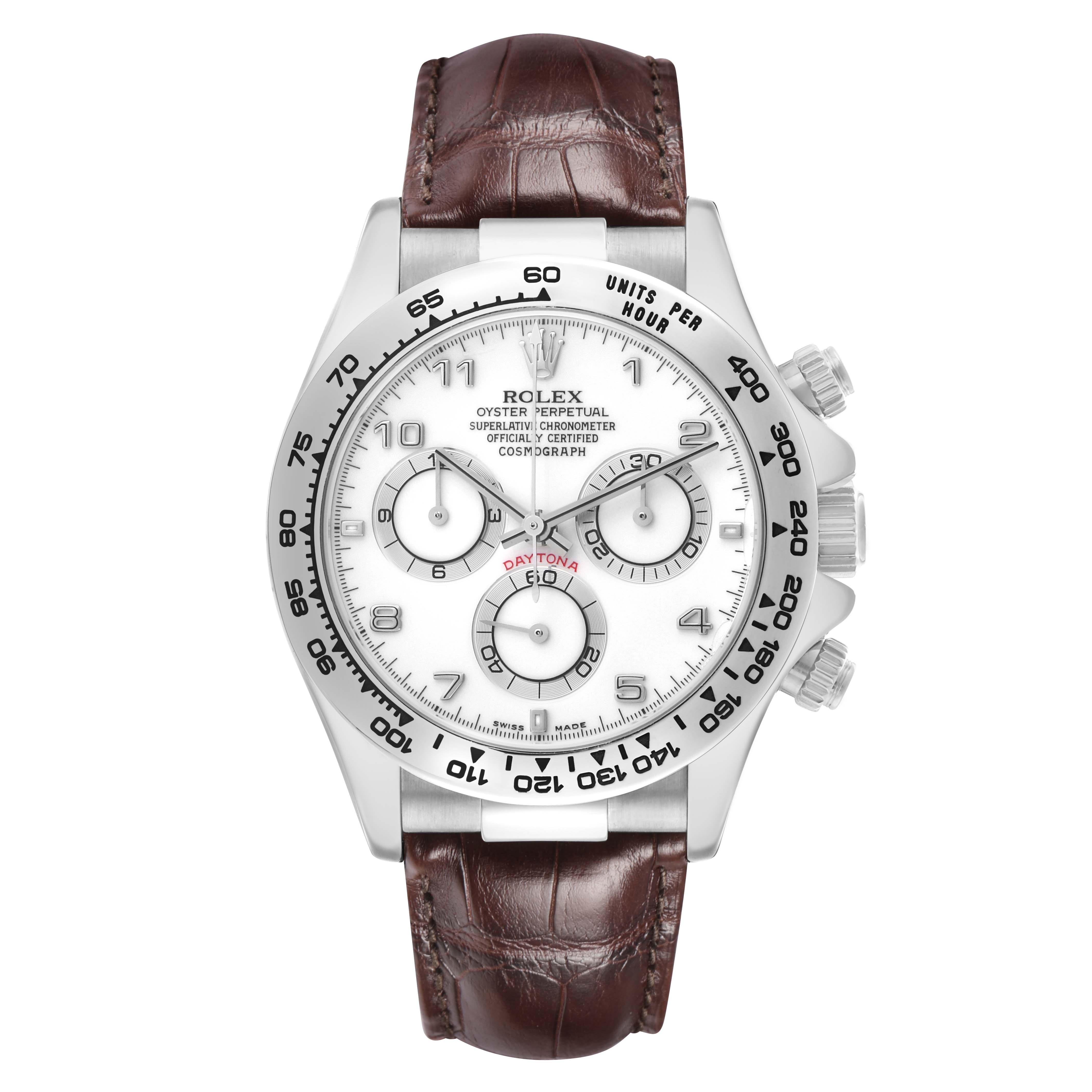 The Rolex Daytona 116519 Men
s White Gold White Dial watch is shown from a front angle, highlighting its face, bezel, sub-dials, crown, and leather strap.