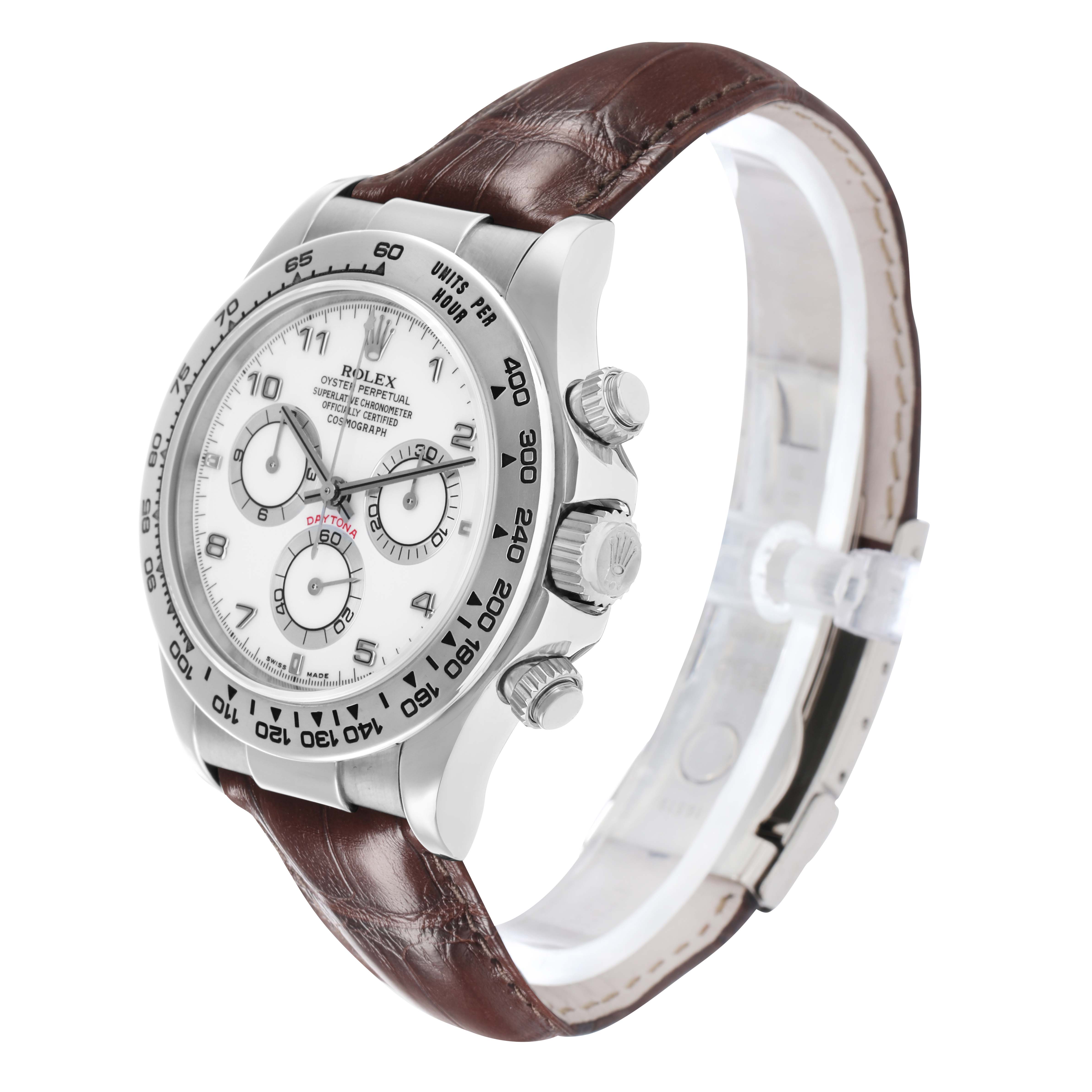 The Rolex Daytona 116519 Men
s White Gold White Dial watch is shown at an angled side view, highlighting the face, bezel, crown, pushers, and brown leather strap.