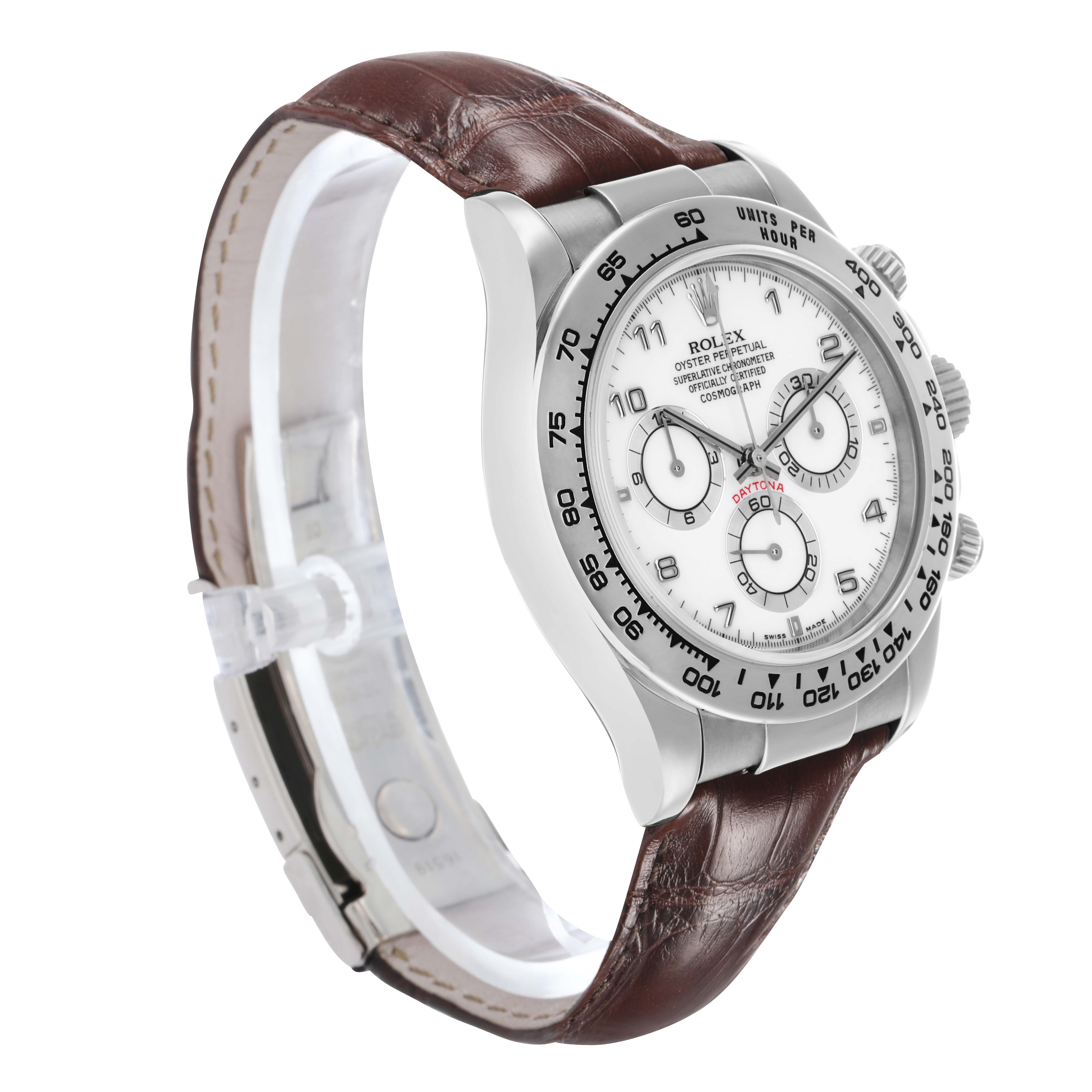 The Rolex Daytona 116519 Men
s White Gold White Dial watch is shown at a side angle, highlighting the face, bezel, and brown leather strap.