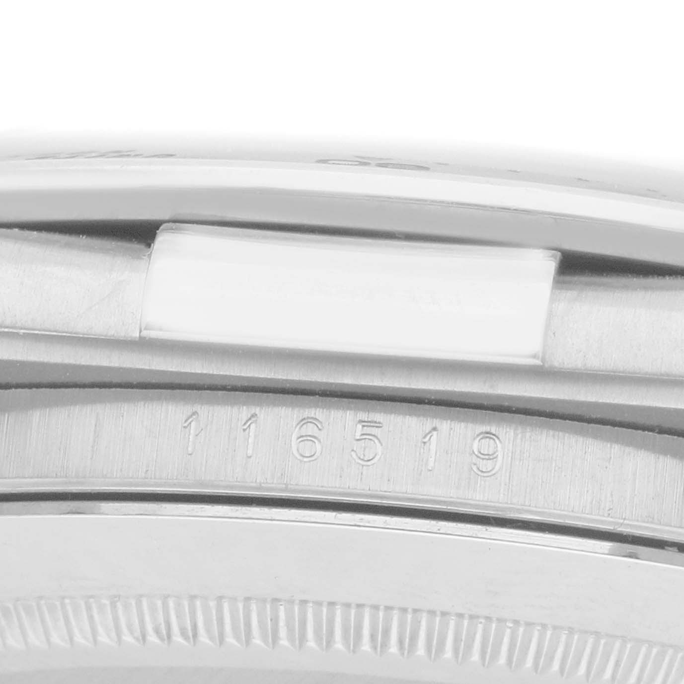 The image shows the side view of a Rolex Daytona 116519 Men
s White Gold White Dial, highlighting the model number "116519" engraved on the case.