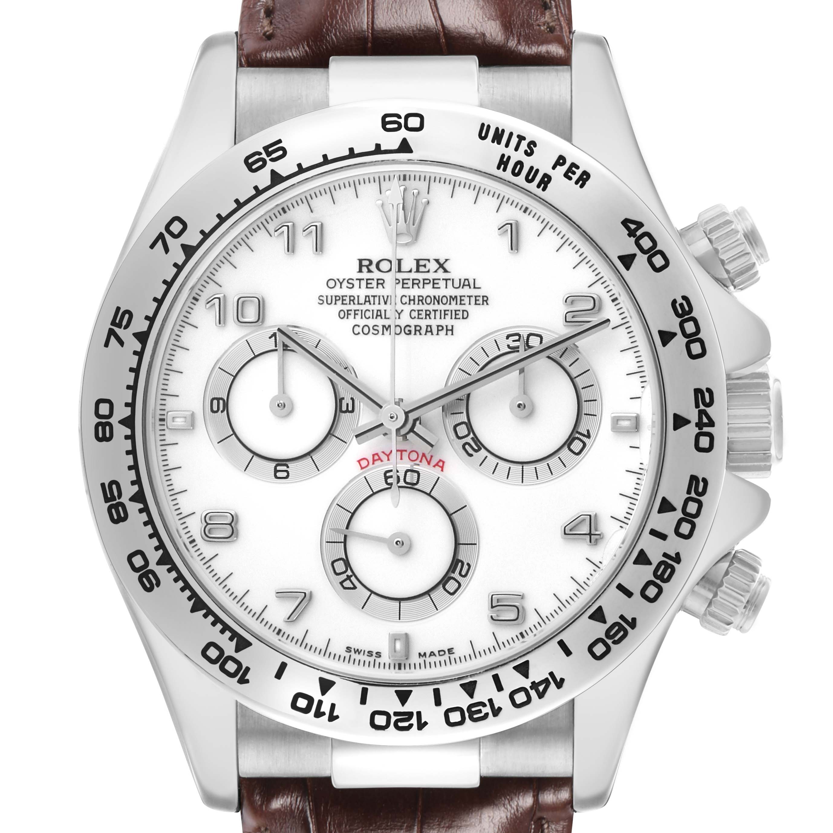 The Rolex Daytona 116519 Men
s White Gold White Dial watch is shown from a frontal angle, highlighting the dial, subdials, bezel, and part of the strap.