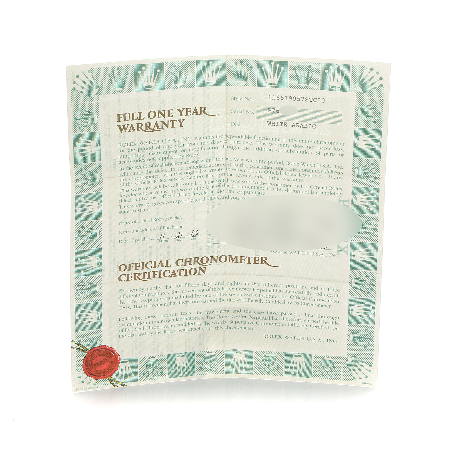 The image shows a warranty certificate and chronometer certification for a Rolex Daytona 116519 Men
s White Gold White Dial watch.