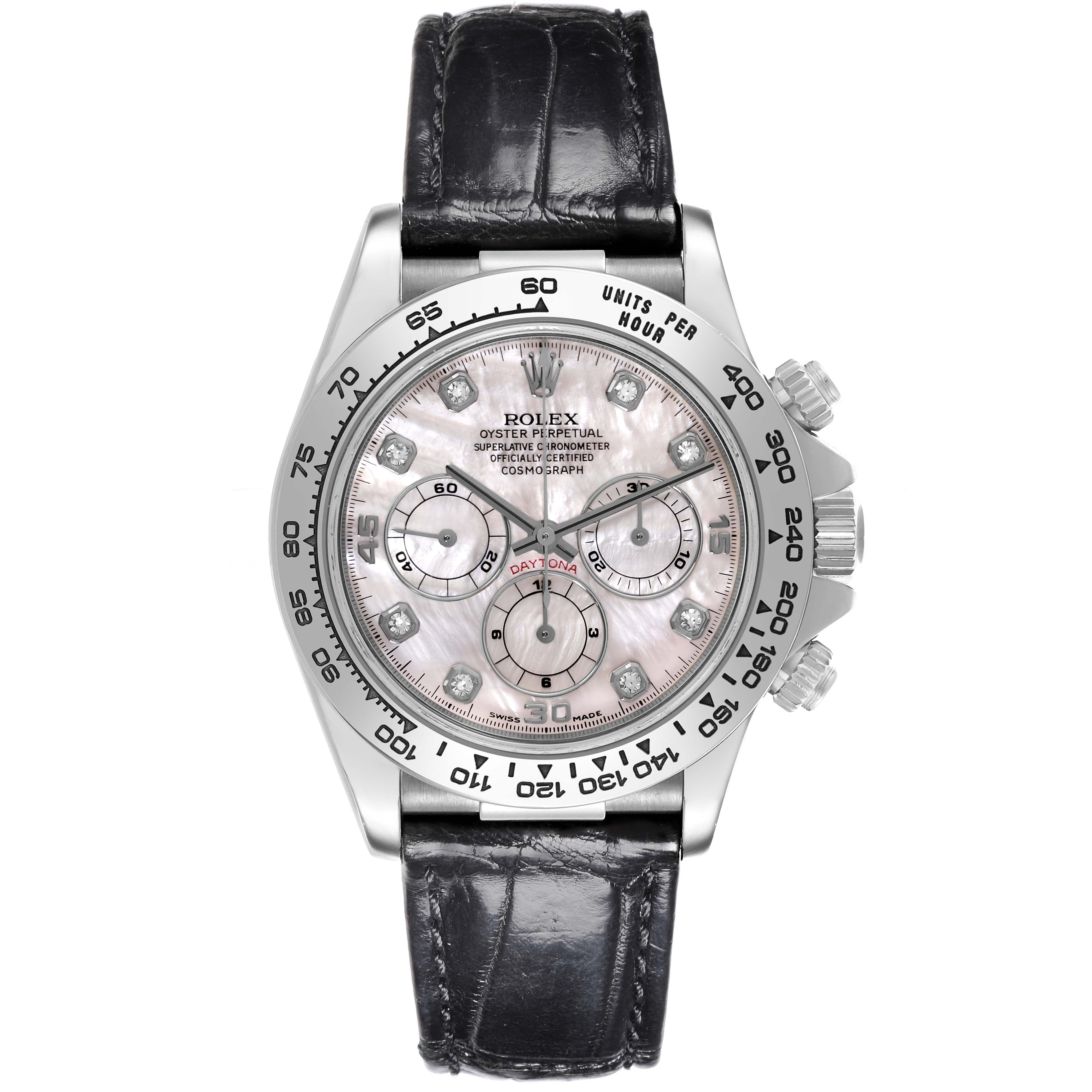 The Rolex Daytona 16519NG Men's White Gold Mother of Pearl Dial 16519NG Men's White Gold Mother of Pearl Dial watch is shown from the front, displaying its dial, bezel, and part of the leather strap.