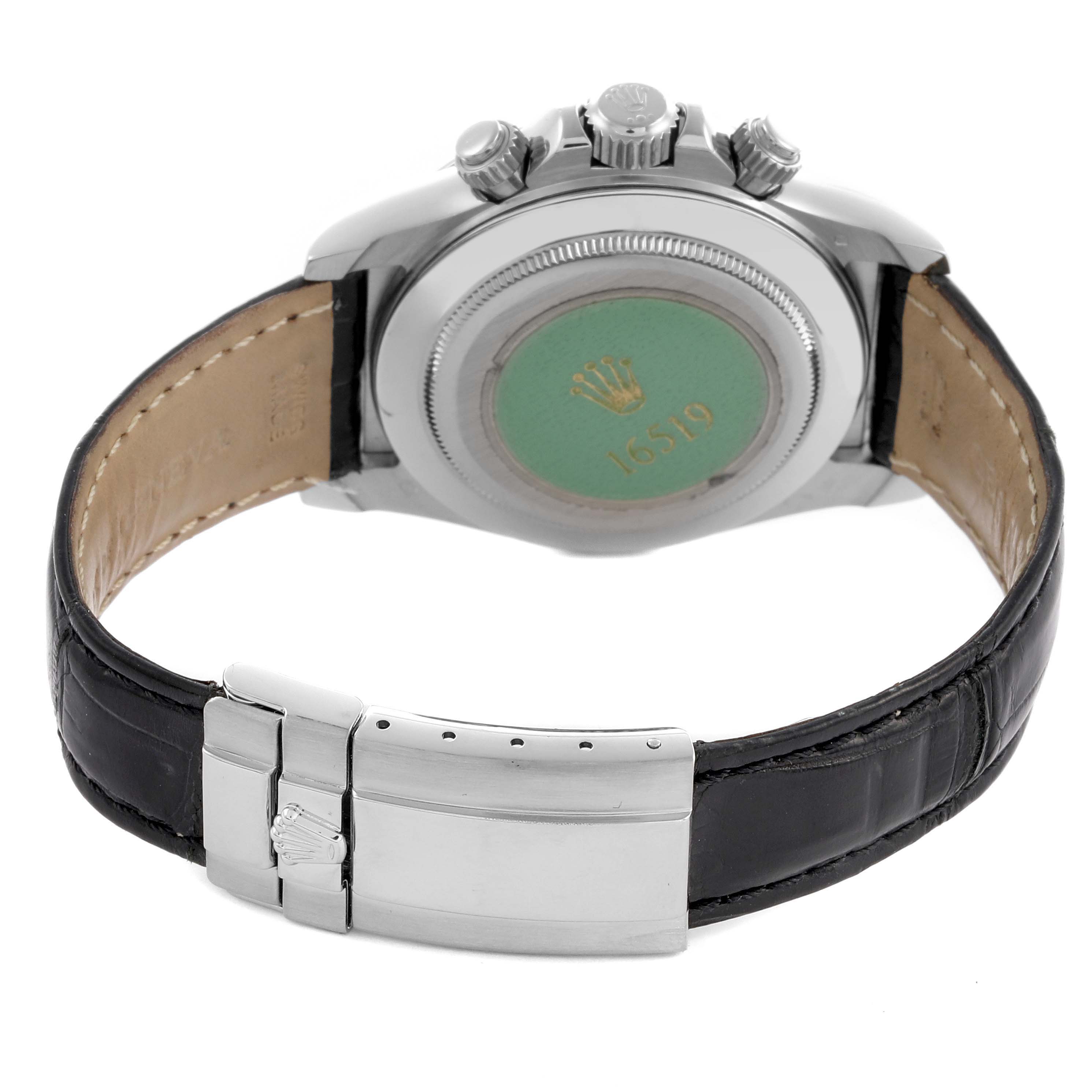 The Rolex Daytona 16519NG Men's White Gold Mother of Pearl Dial 16519NG Men's White Gold Mother of Pearl Dial is shown from the back, highlighting the case back, pushers, crown, and leather strap with its clasp.