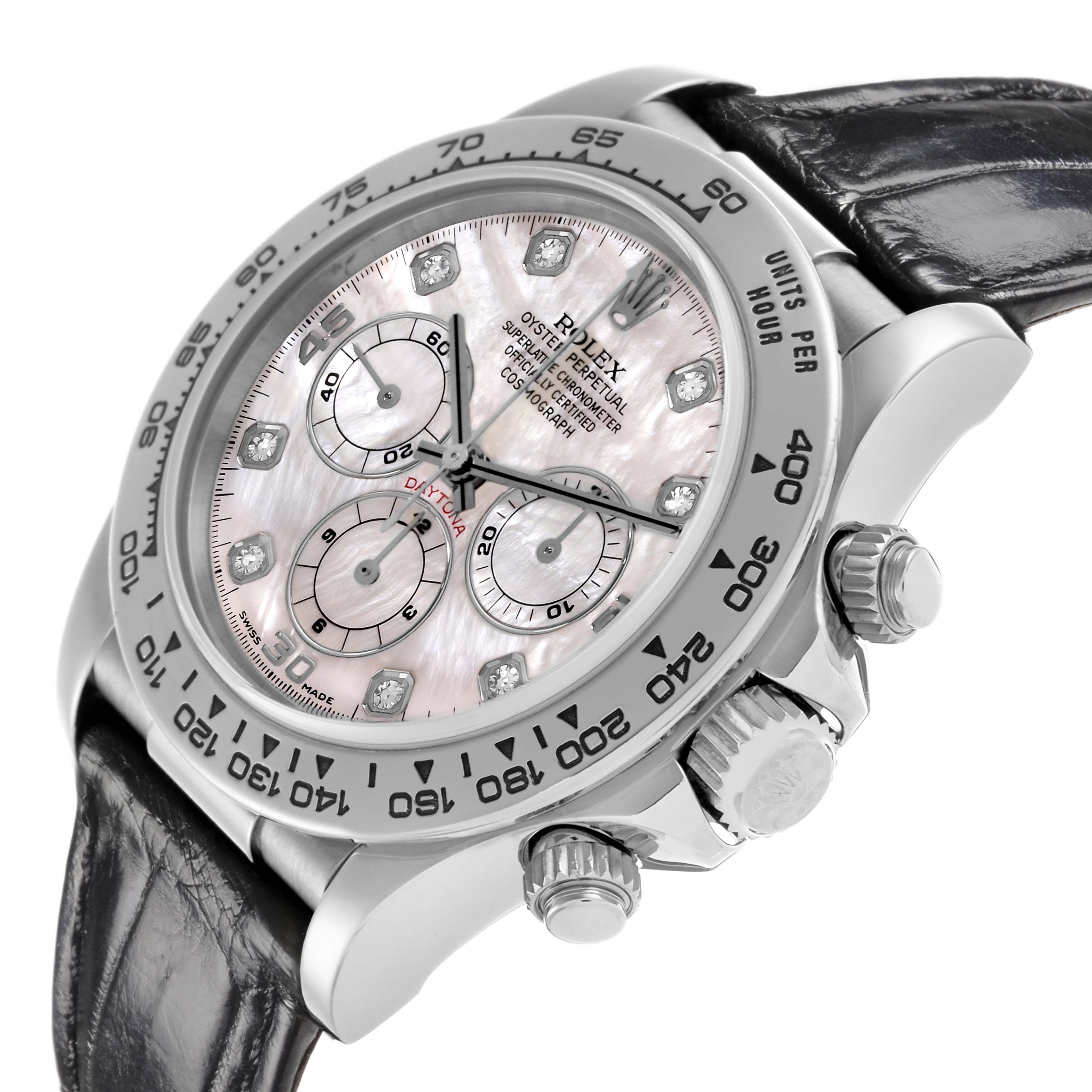 The image shows a Rolex Daytona 16519NG Men's White Gold Mother of Pearl Dial 16519NG Men's White Gold Mother of Pearl Dial watch at an angled view, highlighting the dial, bezel, and side crown.