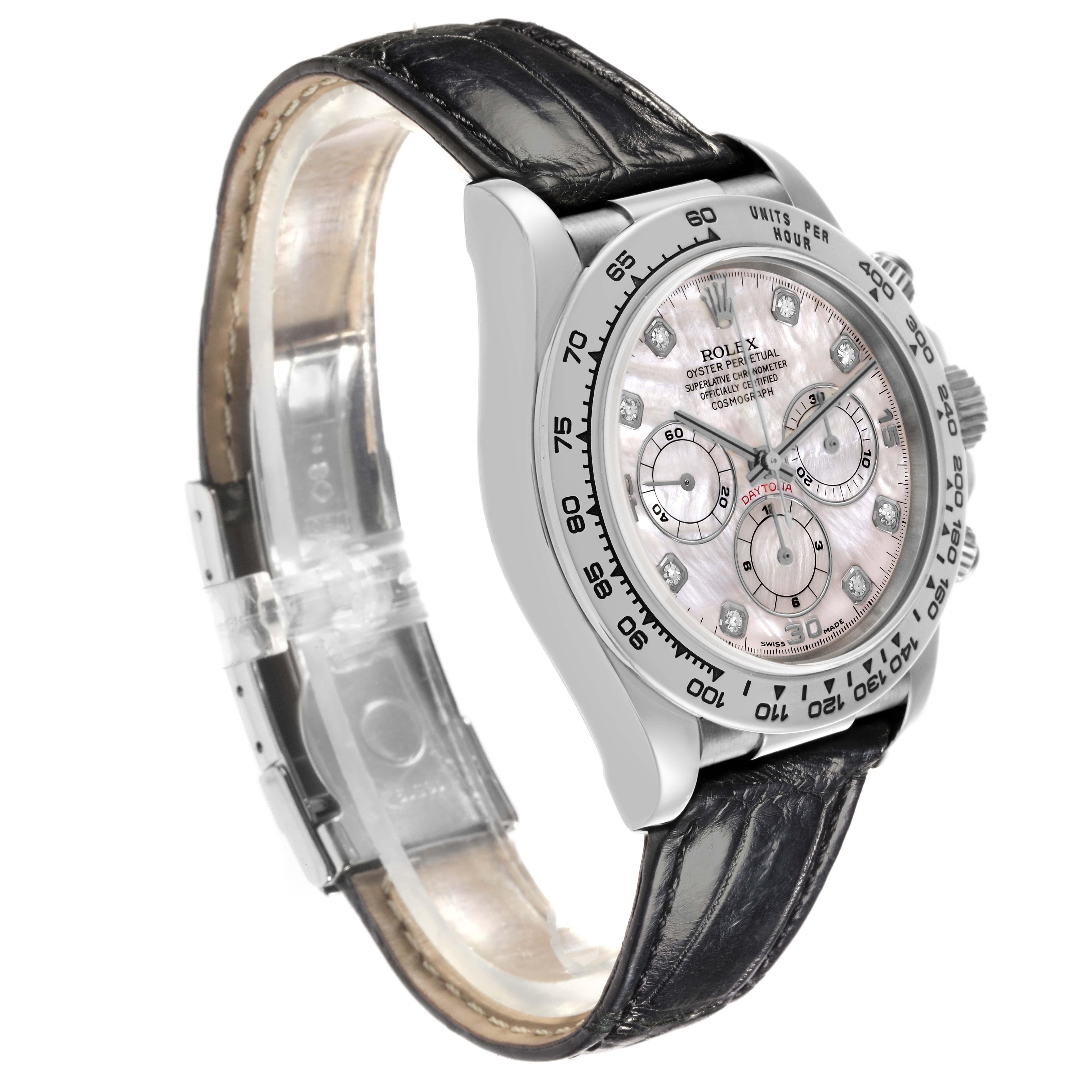 The Rolex Daytona 16519NG Men's White Gold Mother of Pearl Dial 16519NG Men's White Gold Mother of Pearl Dial watch is shown from a side angle, featuring its dial, bezel, and leather strap.