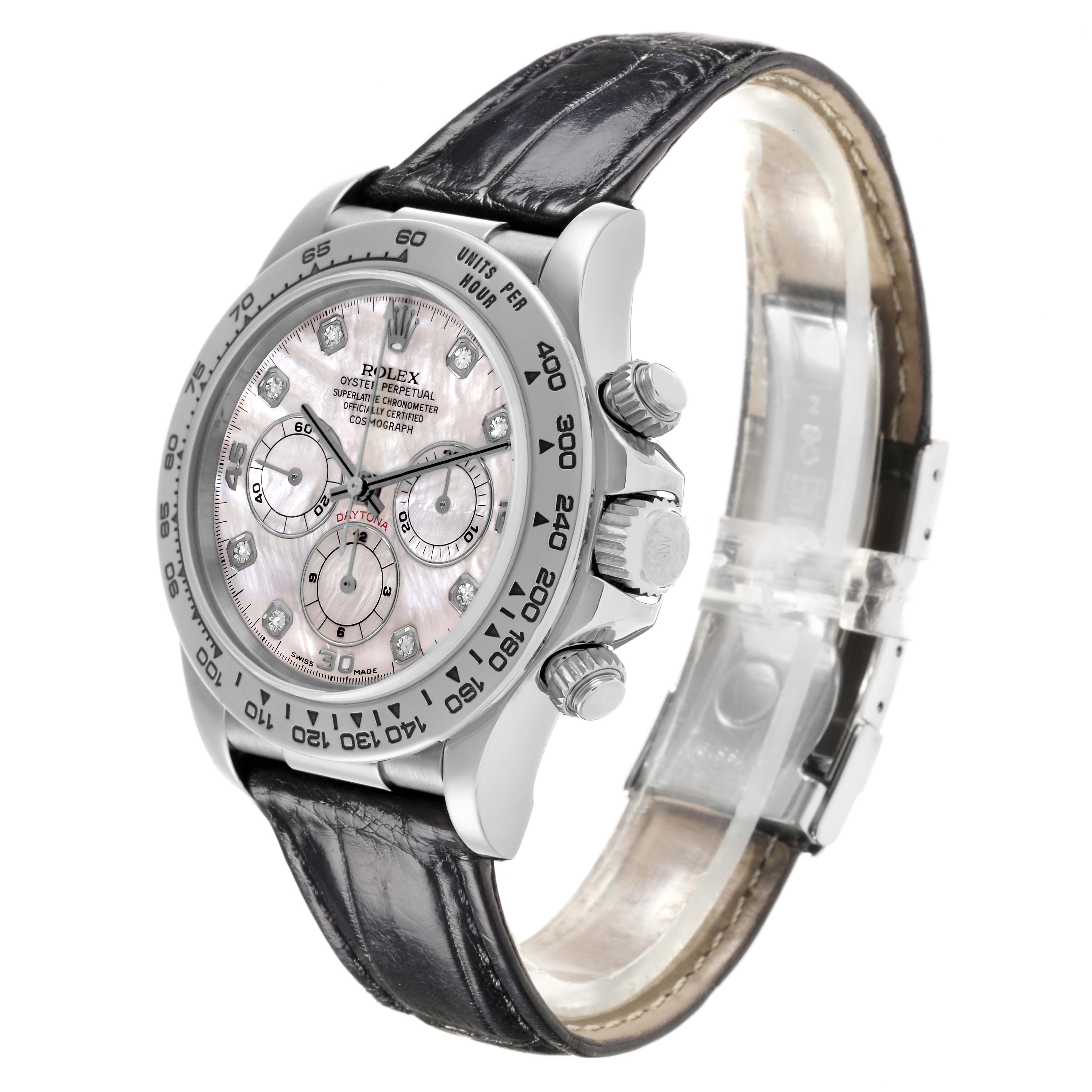 The Rolex Daytona 16519NG Men's White Gold Mother of Pearl Dial 16519NG Men's White Gold Mother of Pearl Dial watch is shown at a side angle, highlighting the face, bezel, crown, pushers, and leather strap.