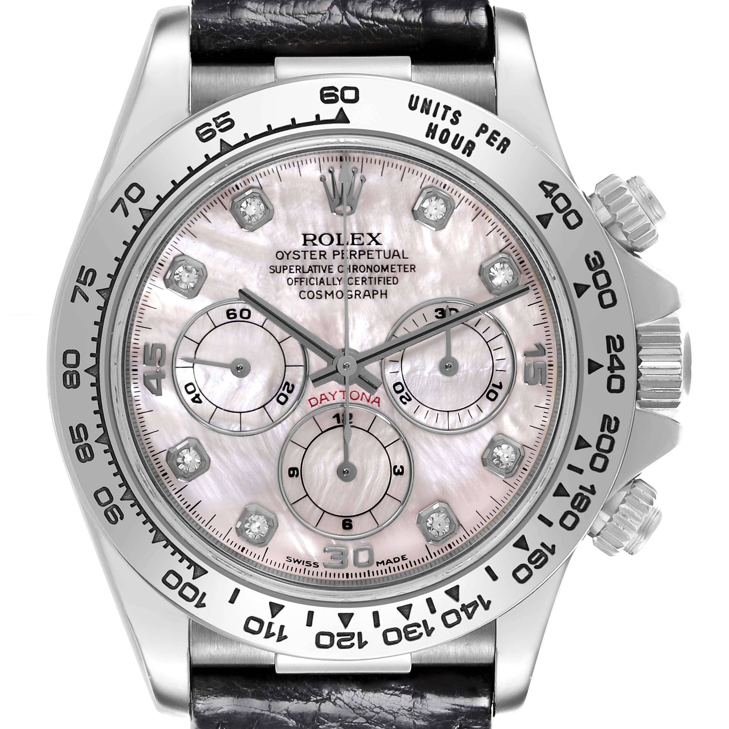 The Rolex Daytona 16519NG Men's White Gold Mother of Pearl Dial 16519NG Men's White Gold Mother of Pearl Dial watch is shown from the front, highlighting the dial, bezel, crown, and pushers.