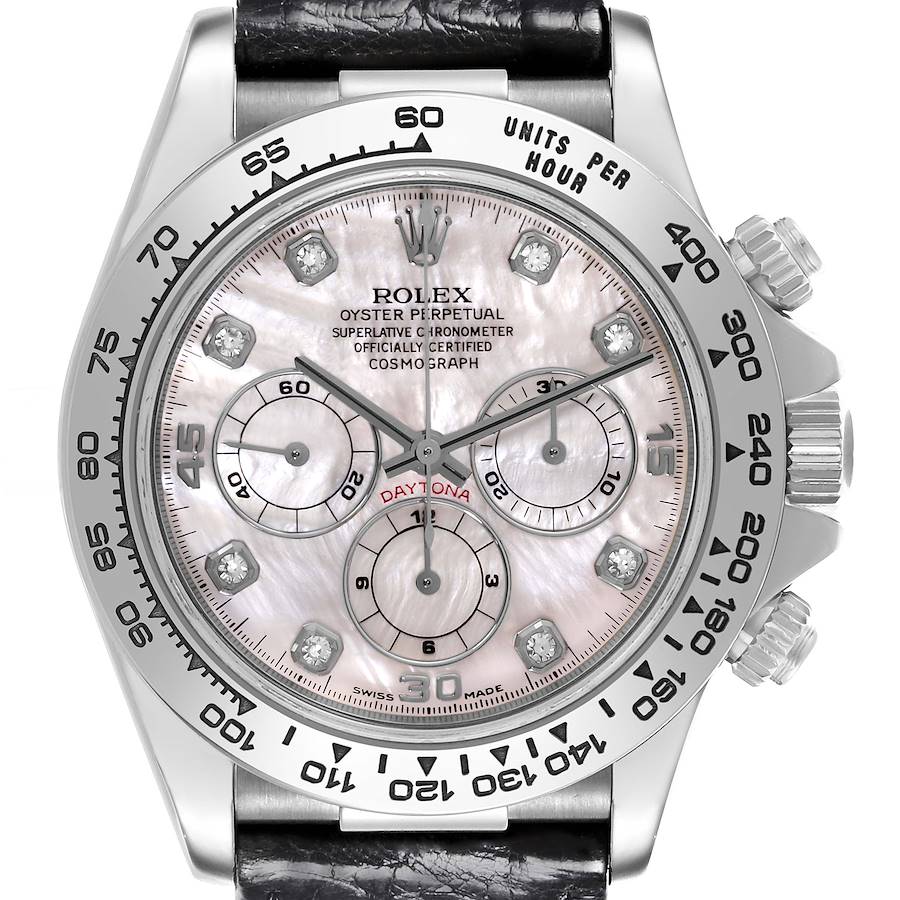 The Rolex Daytona watch is shown from the front, highlighting the dial, bezel, crown, and pushers.