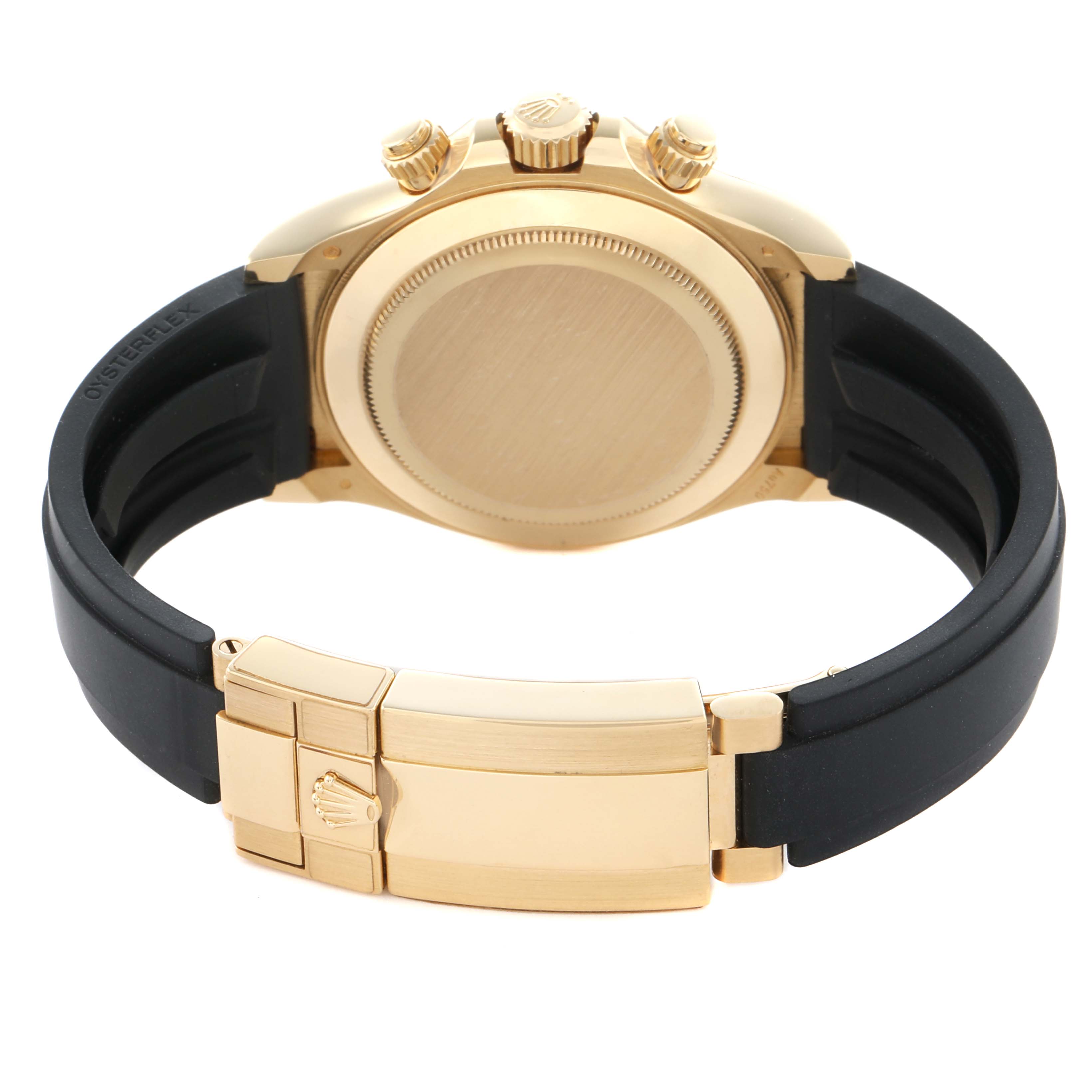 The image shows the back of a Rolex Daytona 116518 Men
s Yellow Gold Beige Dial watch, including the case, bracelet clasp, and crown.