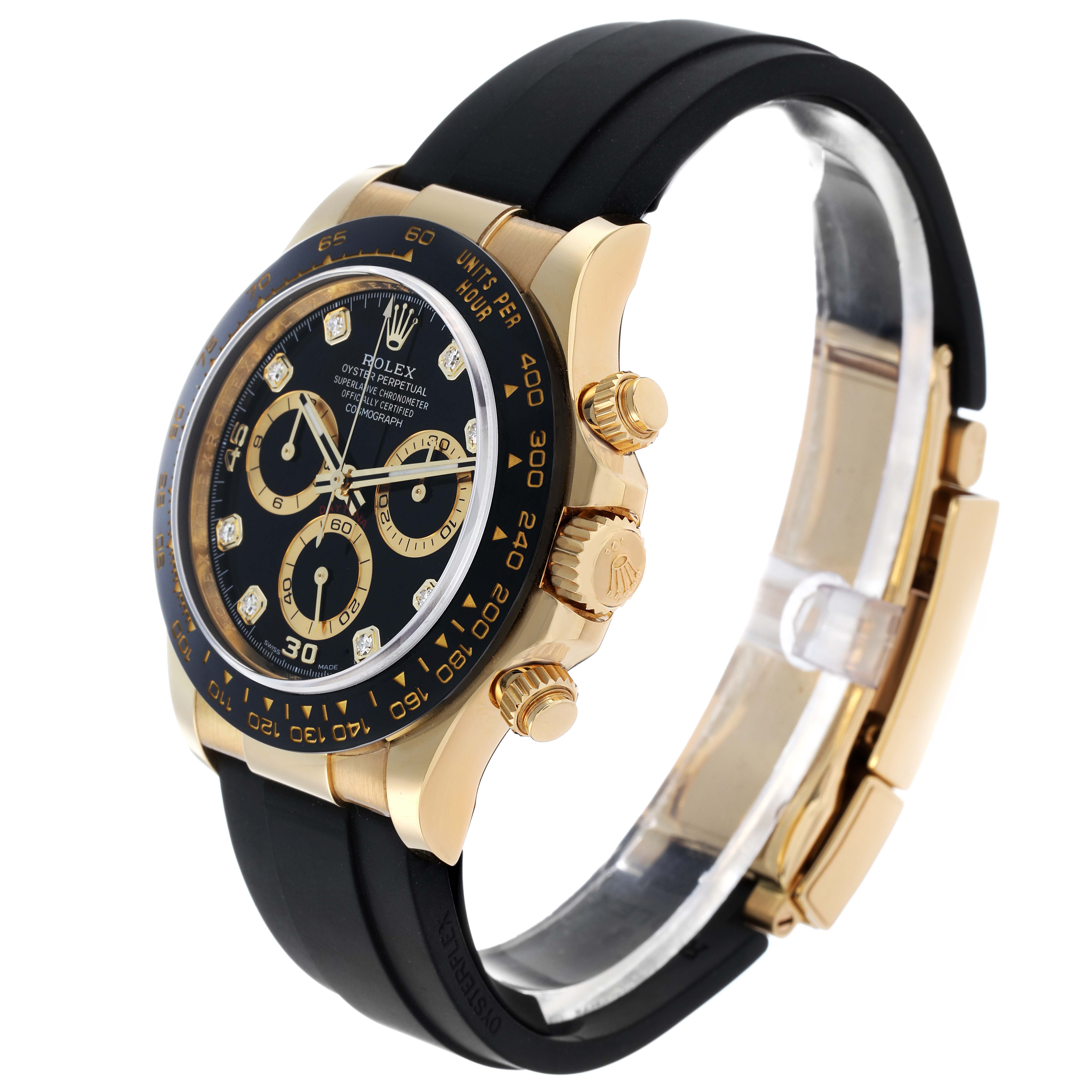 The Rolex Daytona 116518 Men
s Yellow Gold Beige Dial watch is shown at an angle highlighting the side, face, crown, pushers, and strap.