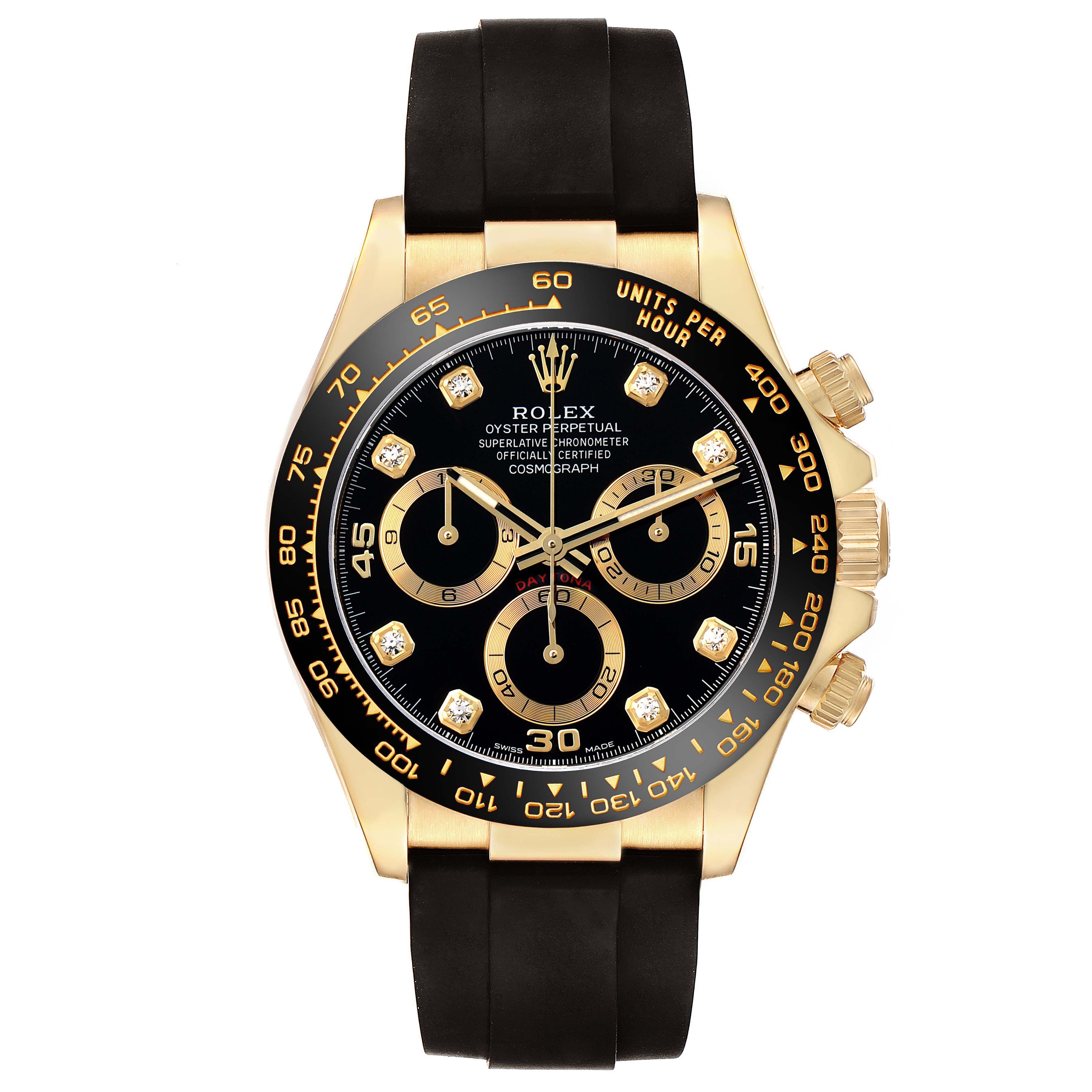 The Rolex Daytona 116518 Men
s Yellow Gold Beige Dial watch is shown from a front angle, displaying the dial, bezel, pushers, and strap.