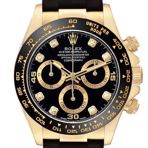 The Rolex Daytona 116518 Men's Yellow Gold Beige Dial watch is shown from the front, featuring its bezel, sub-dials, and distinctive hour markers.