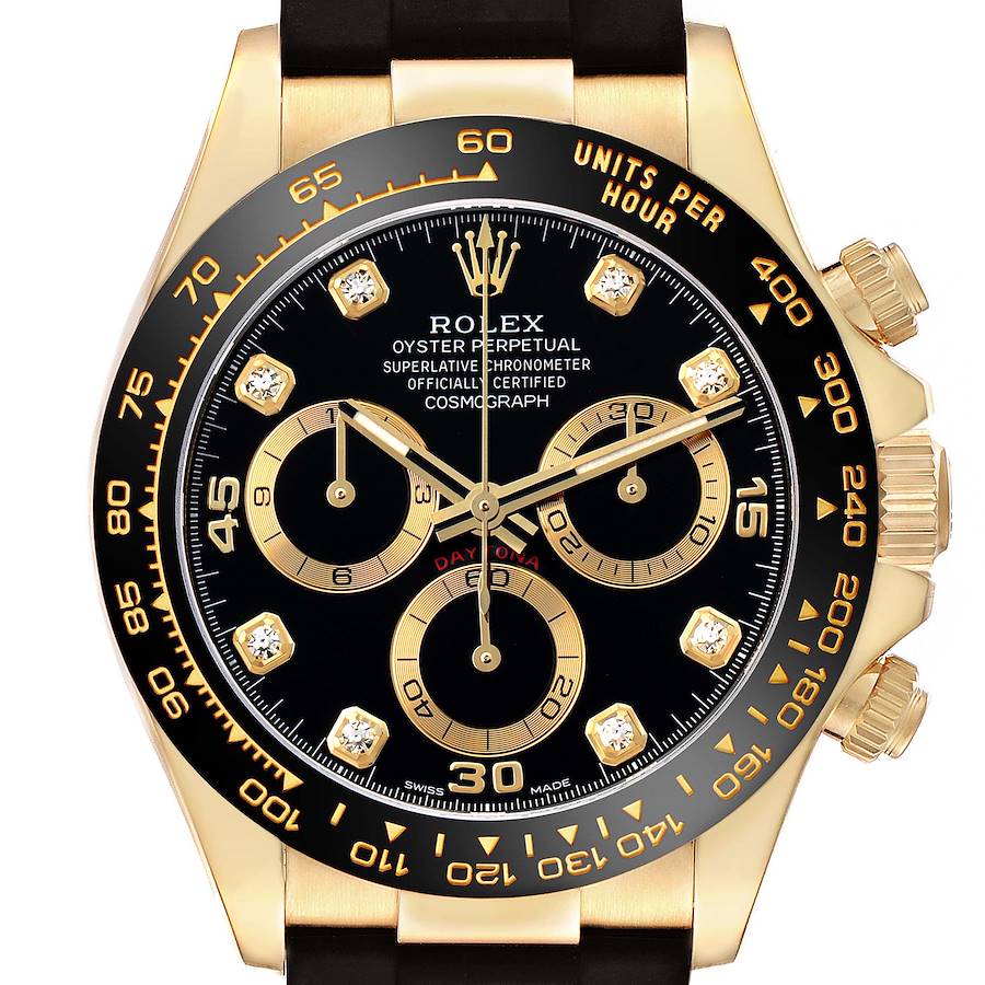 The Rolex Daytona 116518 Men's Yellow Gold Beige Dial is shown from the front, highlighting the dial, bezel, and pushers.