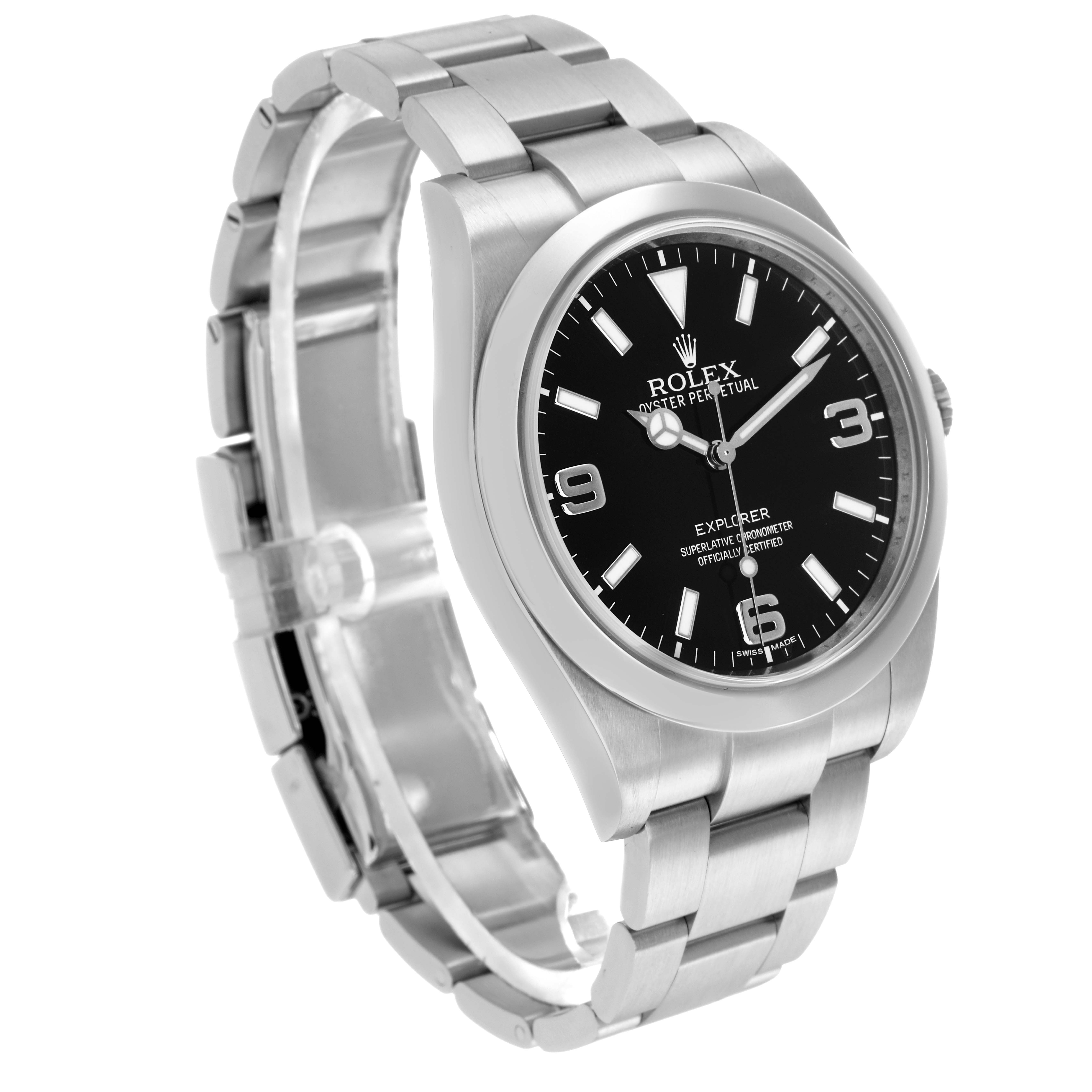 The Rolex Explorer 214270 Men
s Stainless Steel Black Dial watch is shown at a three-quarter angle, highlighting the face, bezel, and bracelet links.